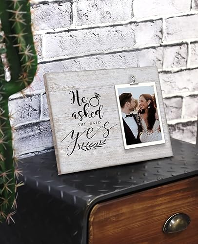 Miniatura 3 de Dofala Marco de fotos de madera con clip de compromiso de boda, con texto en inglés He Asked and She Said Yes, marco de fotos grabado para bodas,