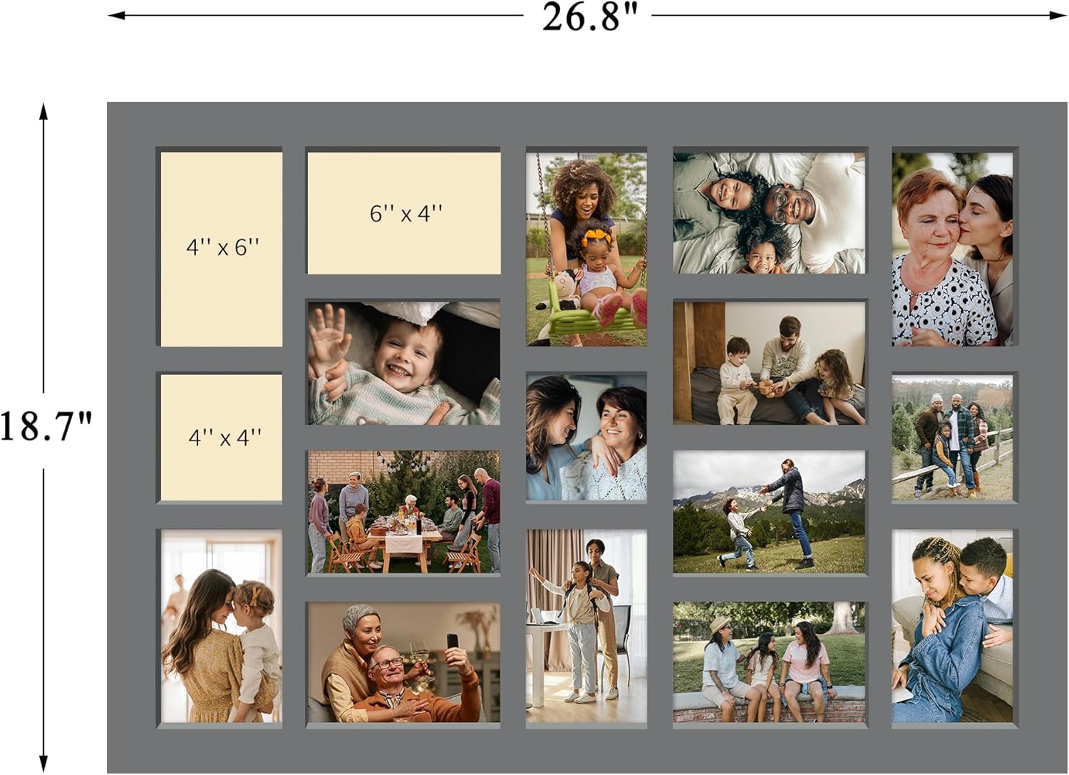 J.M.Deco 17 Opening Collage Picture Frame for Wall Decor, One-piece Photo Frame Collage Gallery Wall Hanging for 4x6 Photos, 4x4 Photos, Ideal Christmas Gift, Grey 17 Opening Grey