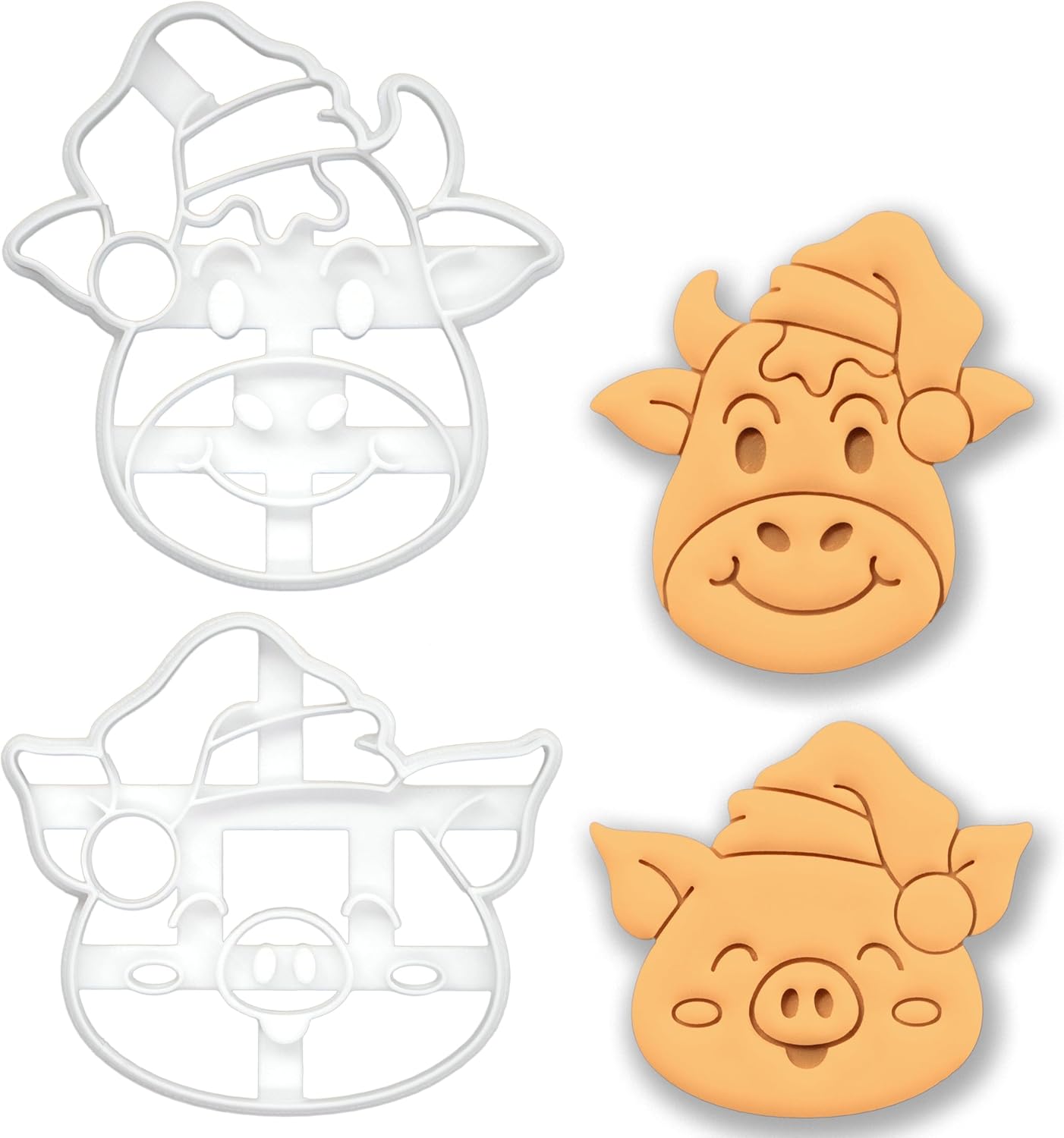 BAKERLOGY Set of 2 Happy Santa Farm Animal Cookie Cutters – Pig & Cow with Christmas Hats for Holiday Baking, Cookies & Crafts