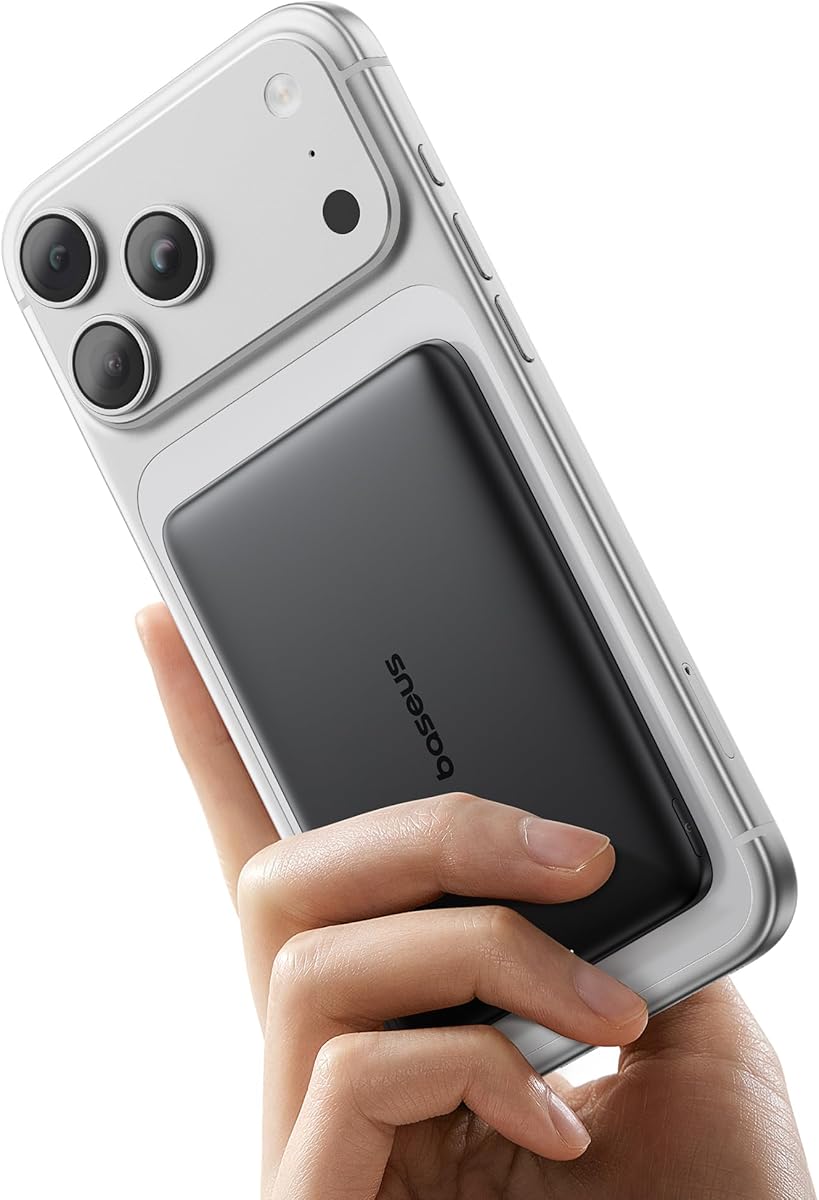 Baseus Picogo Power Bank, 0.3" Ultra Slim 5000mAh MagSafe Portable Charger, Card-Size Magnetic Battery Pack with USB-C Braided Cable, Alloy Wireless Charger for iPhone 17/16/15/14/13/12, Lightweight