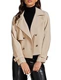 Cropped Trench Coat for Women Long Sleeve Double Breasted Notched Lapel Casual Loose Fit Jackets with Pockets
