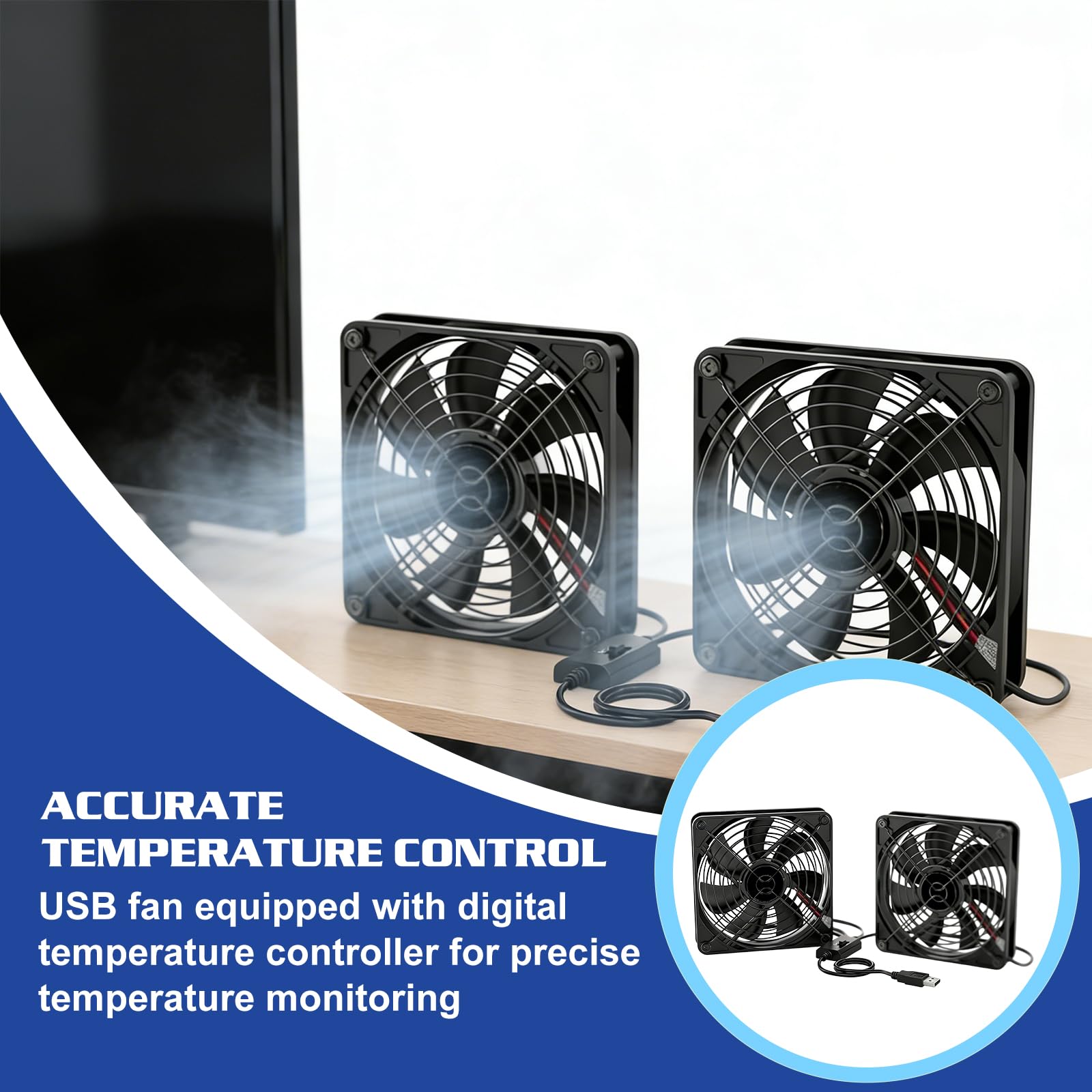 Ventilador USB de 120 mm con regulador de temperatura digital, 5 V Dual USB para PC con 3 velocidades ajustables, ventilador de carcasa, ventilador USB Dual Rodamiento de bolas para PS5/router/TV Box