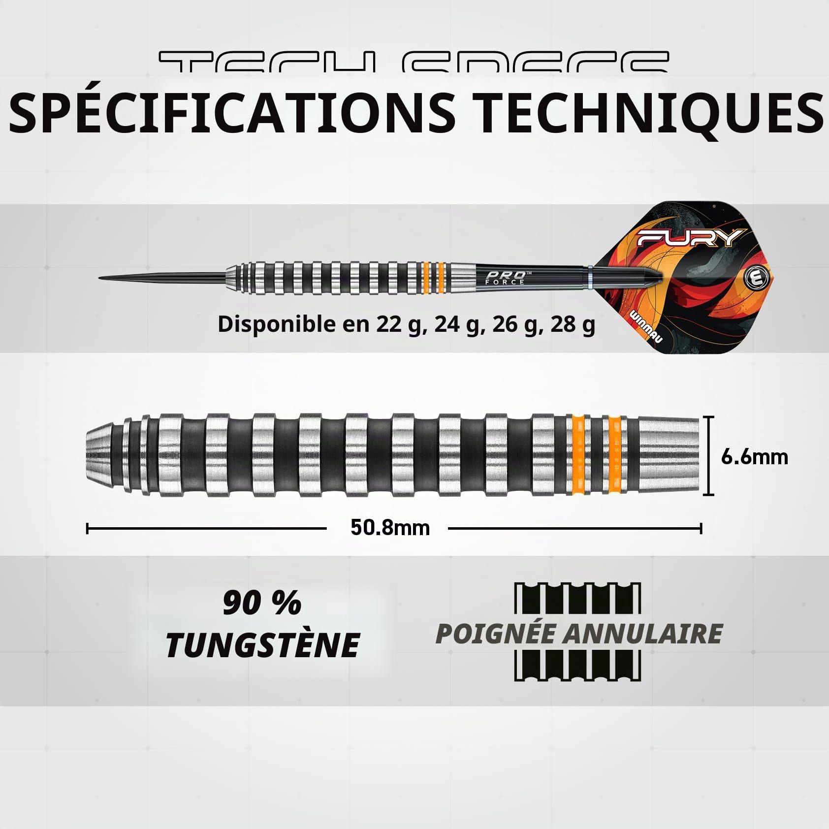 Winmau Fury Fléchettes en tungstène avec ailettes prismatiques et tiges Vecta 22-28 g