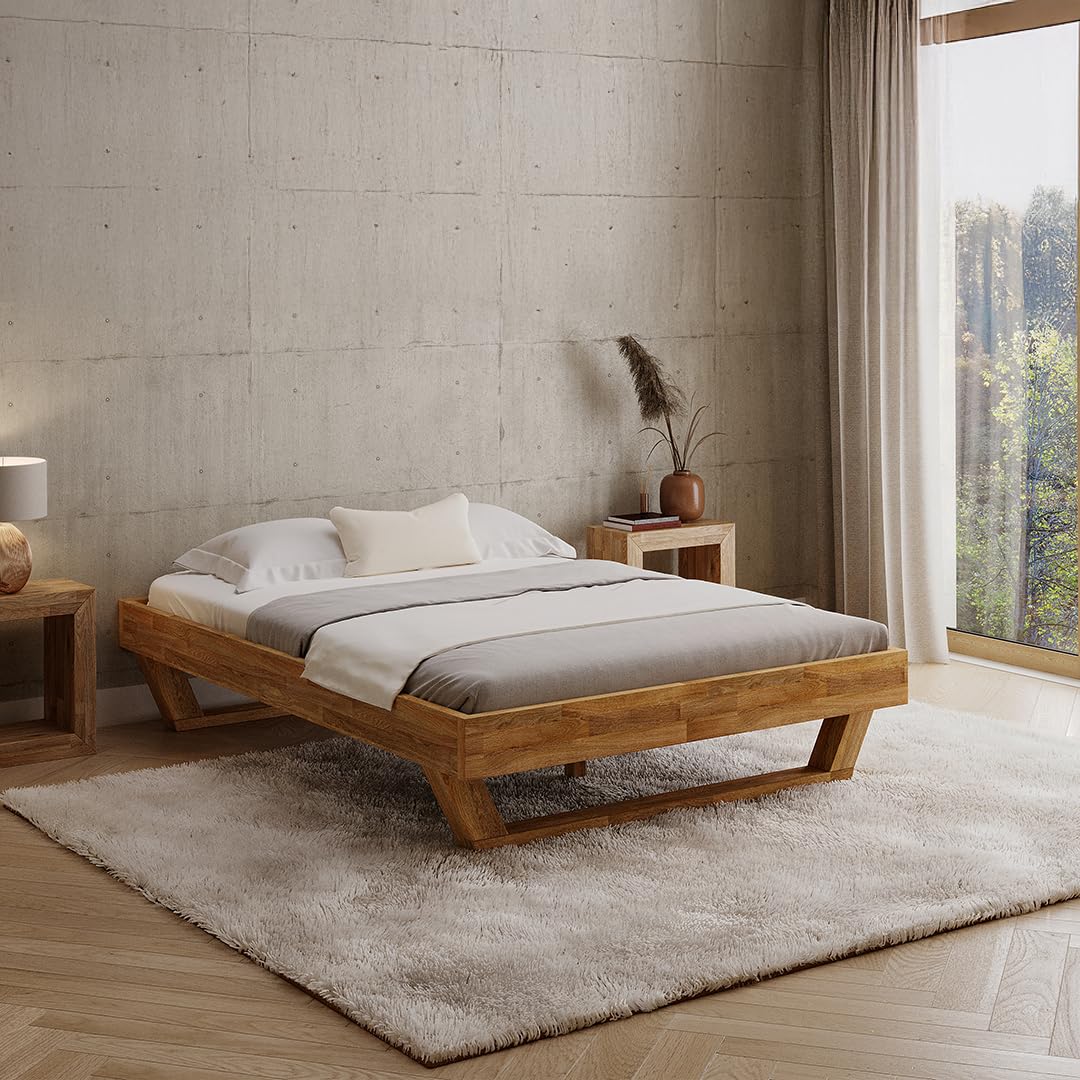 skølm Nornir Massivholzbett 140x200 cm – Bettrahmen aus Massivholz Eiche geölt – hochwertiges Holzbett mit Kufen Bettbeinen – Bettgestell ohne Bettkopf – geeignet als Doppelbett