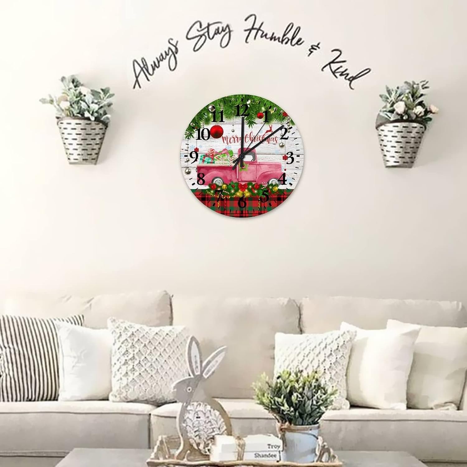 Wood Wall Clock Merry Christmas Tree Truck Office Decor for Men Battery Operated Quartz Analog Quiet Arabic Numbers Red Truck and Merry Christmas Tree Round Clock for Home Office School 12 Inch