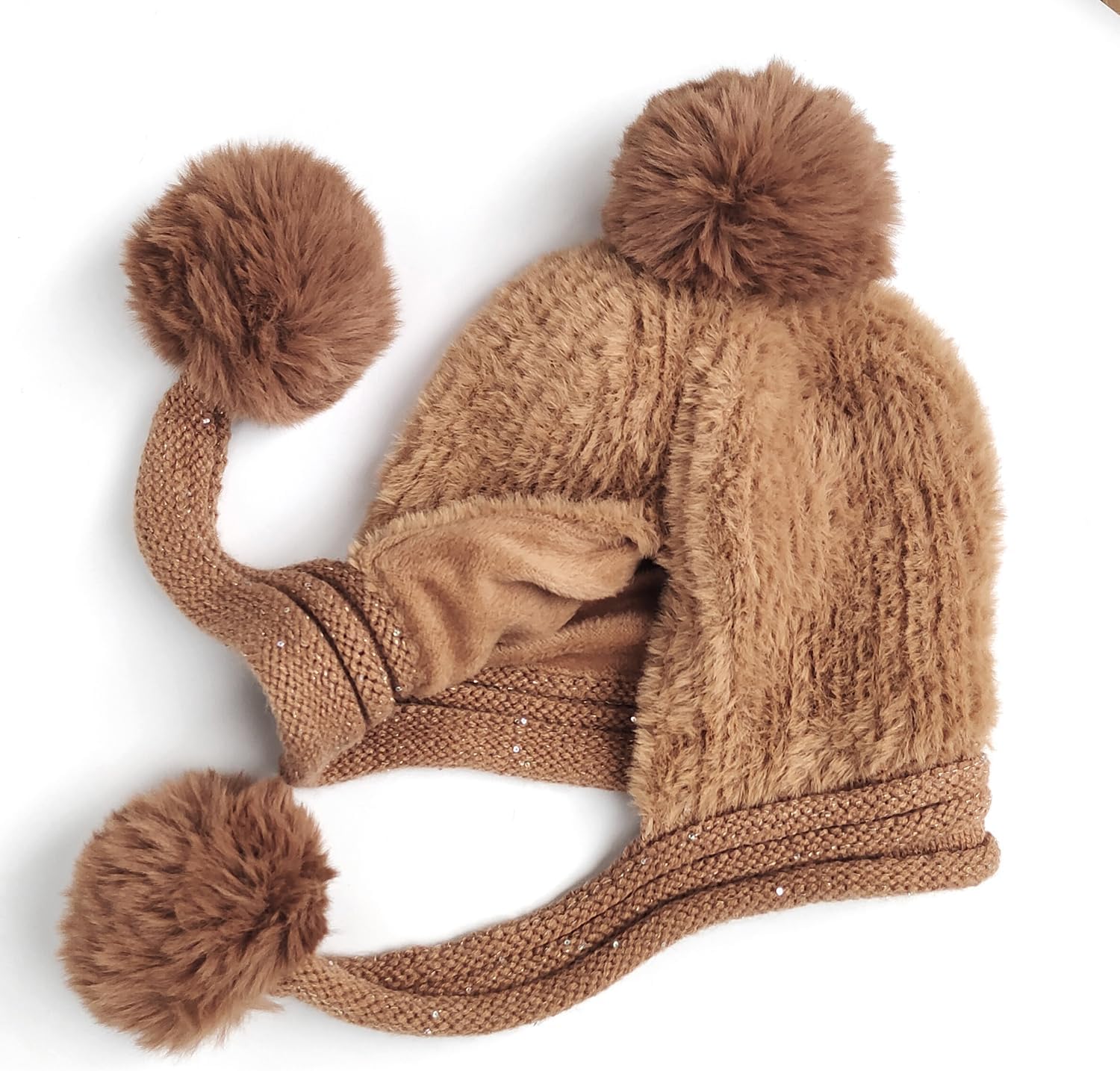 HUAMULAN Women Winter Sherpa Beanie Hats Knit Ear Flaps Peruvian Cover Ears Fleece Lined Ski Snow Hat Pompoms - Image 2