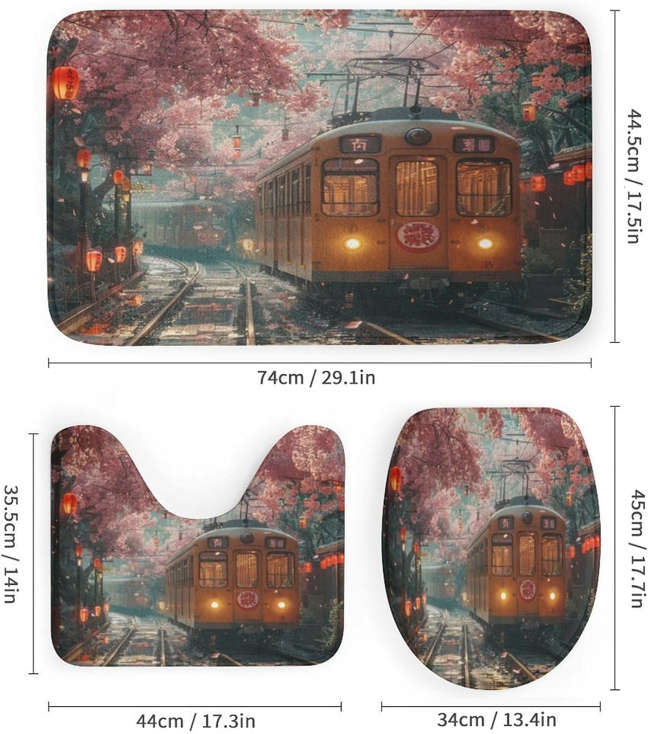 Vintage Ancient Japan Steam Train 4 Pcs Shower Curtain,Rustic Watercolor Japanese Landscape Cherry Blossom Floral Bathroom Set Shower Mat Shower Curtain with Rug 12 Hooks