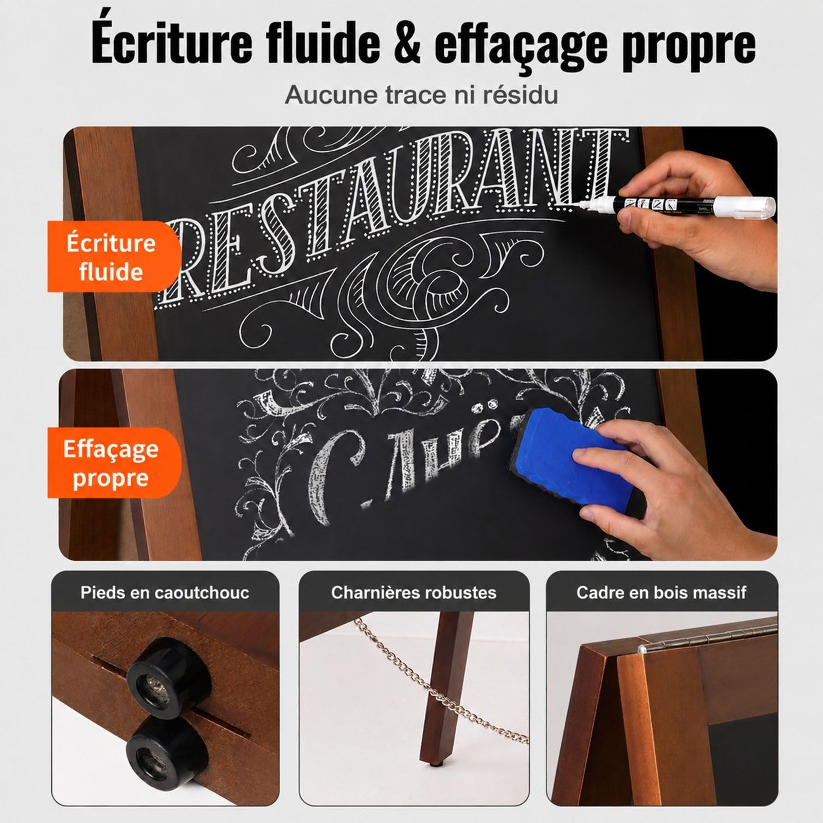 Chevalet stop trottoir tableau noir magnétique avec cadre en bois pliable, craies, marqueurs et effaceur pour menu, bar, café, restaurant