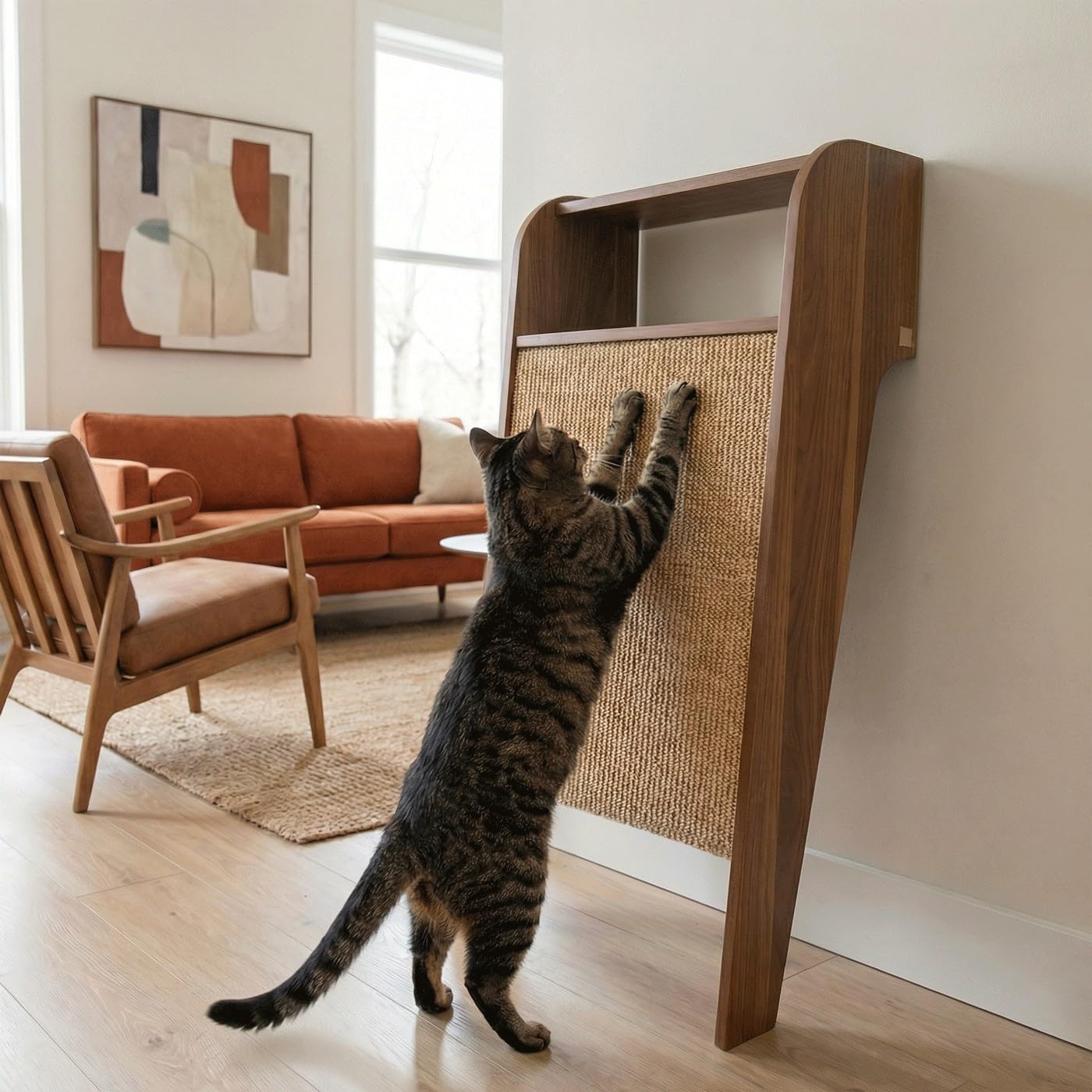 Wesley Cat Scratcher – Multi-Purpose Wall Shelf for Entryways, Sisal Scratching Surface for Cats, Shelf for Keys & Décor, Engineered Wood, 20”x11”x40”, Stylish & Durable – Walnut - image 4