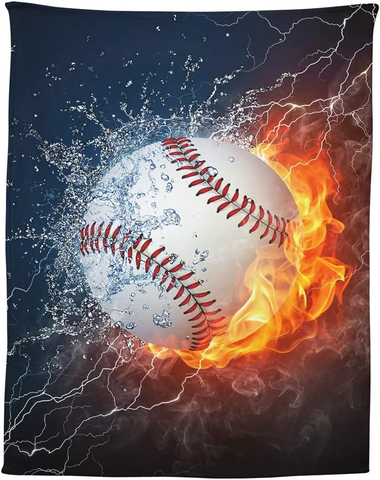 3D Printed Baseball Blanket, 60x80 Inches White Ball Collide in Water and Fire Throw, Ideal Sports Themed Home Decor