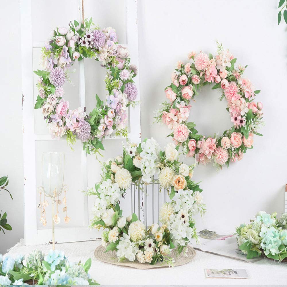 Künstlicher lila Hortensien und Pfingstrosen, Frühlingskranz, Seide, Pfingstrosenkranz mit grünen Blättern, Willkommenskranz für Haustür, Hochzeit, Wand, Heimdekoration, 39,9 cm