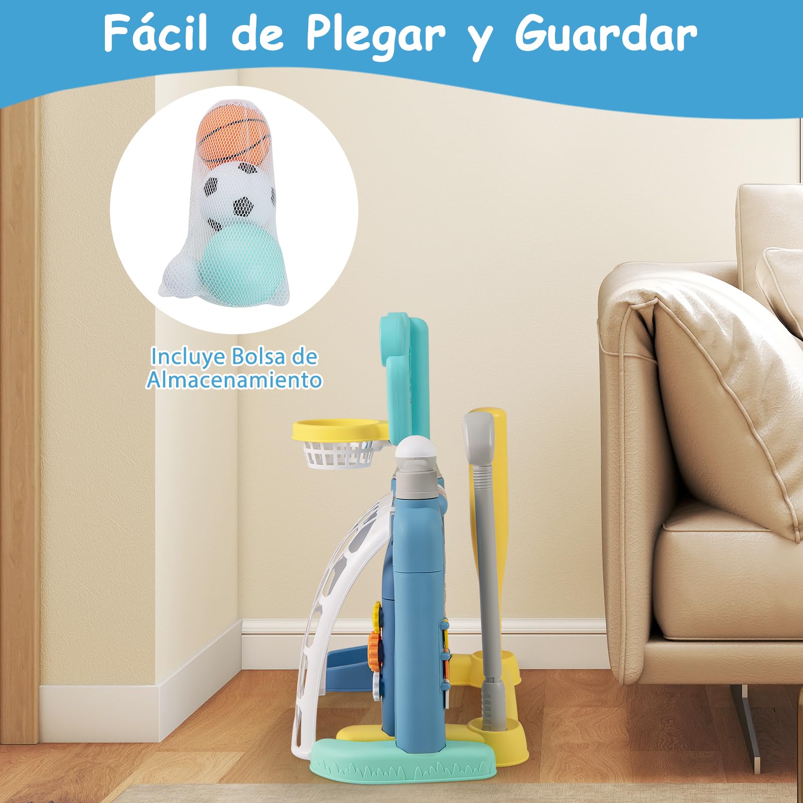 GOPLUS Juguetes Deportivos para Niños, Centro de Actividades 5 en 1 con Baloncesto, Fútbol, Bolos, Béisbol y Golf con Luces y Sonidos, para Niños de 1-3 Años