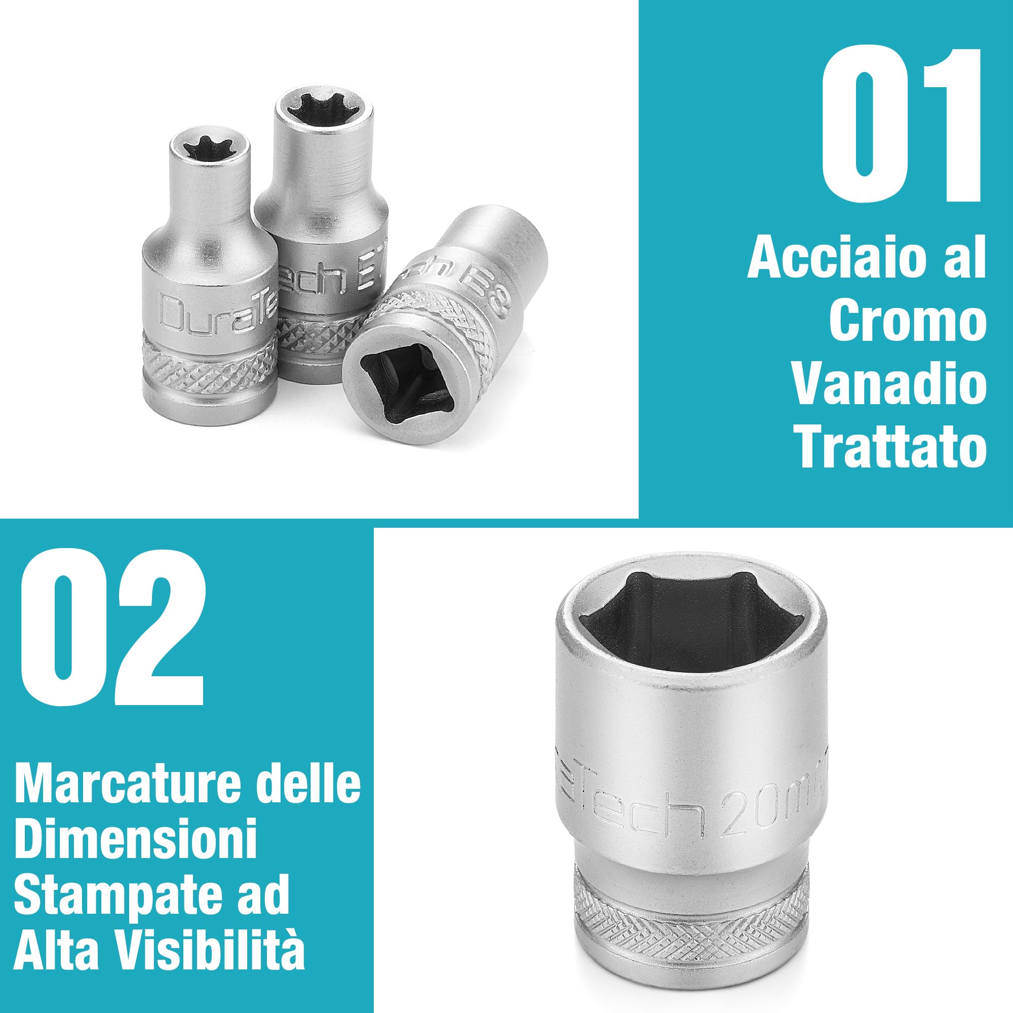 DURATECH Set di Chiavi a Bussola 108 Pezzi, 1/2" e 1/4" | Cricchetto a 72 Denti, Cr-V, con Scatola, Include Cacciavite e Punte, Ideale per Riparazioni e Lavori Meccanic