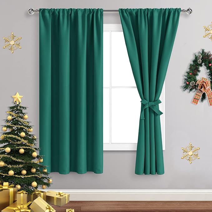 JIUZHEN Blackout Curtains for Bedroom - Thermal Insulated Room Darkening Noise Reducing, 60 x 63 Inch Length Curtains for Living Room, Set of 2 Panels with Tiebacks, Emerald Green