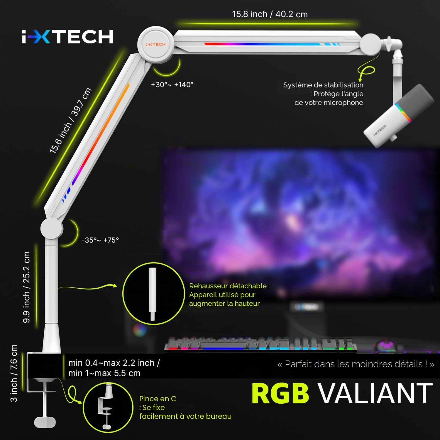 IXTECH Bras de microphone RGB à profil élevé, support de microphone à bras de perche aérienne réglable avec montage sur bureau, support de microphone réglable avec montage sur bureau, bras de