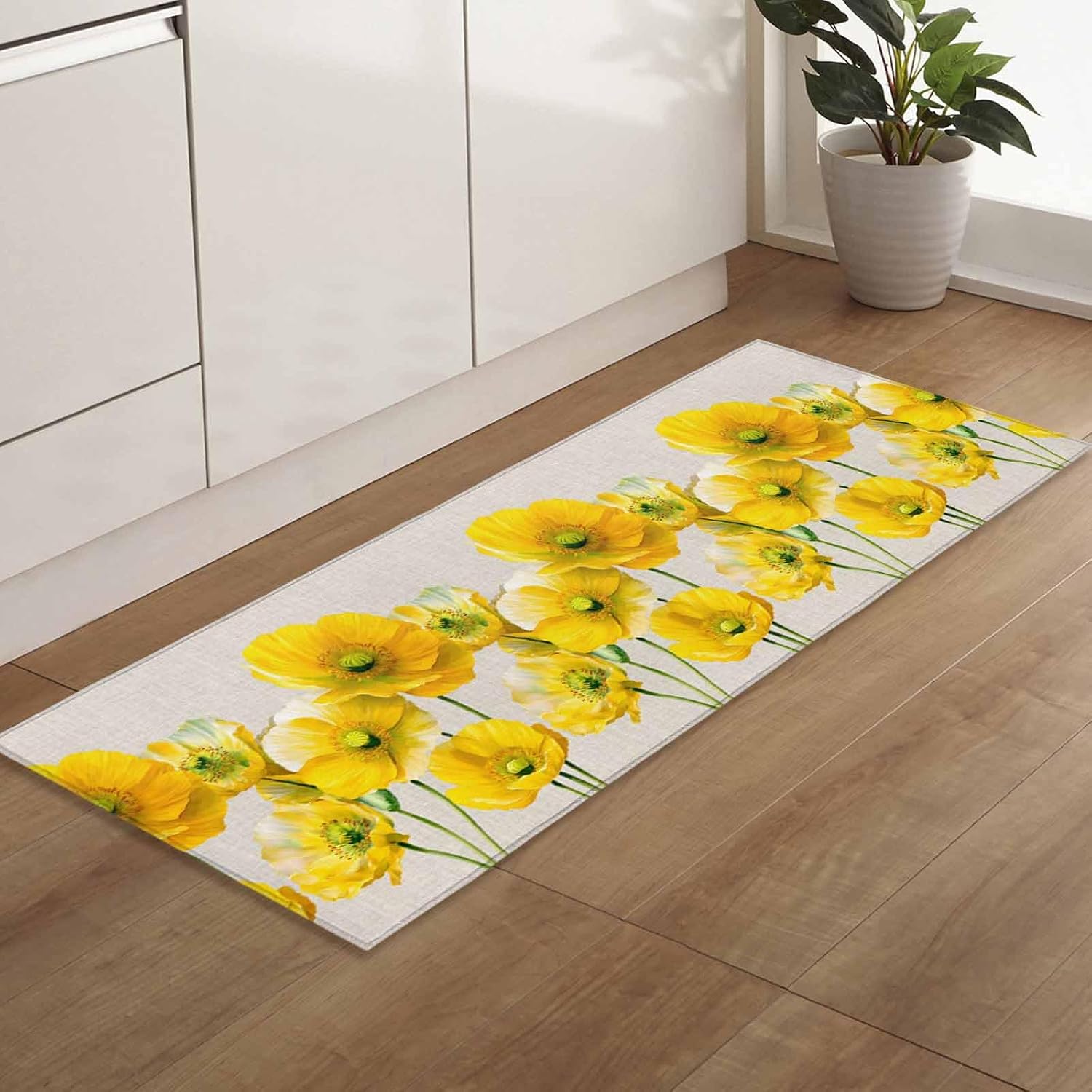 Teamery Kitchen Mats for Floor Watercolor Yellow Poppies Washable Non Slip Kitchen Rugs 1PCS, Retro Country Botanical Absorbent Standing Mats for Sink Bathroom Office Living Room 23.6x70.9in