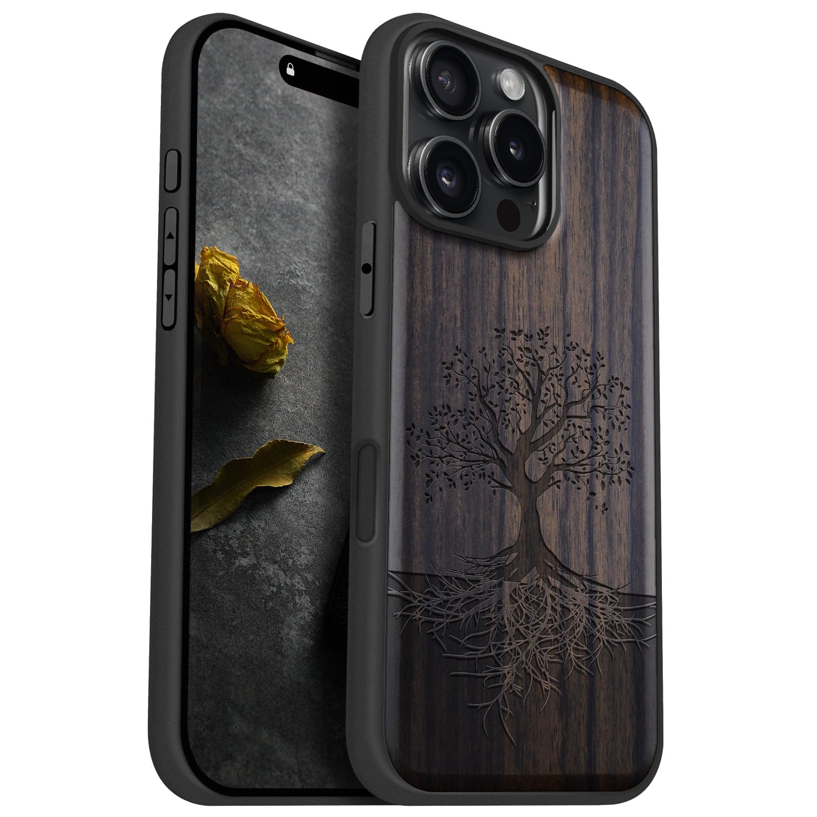 Carveit Magnetic Wooden Case for iPhone 16 Pro Max Case, Wood Artisan Engraved & Black Soft TPU Shockproof Cover, Compatible with MagSafe Wireless