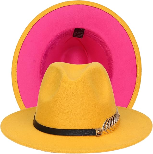 JK Home Womens Mens Classic 1920s Gatsby Fedora Hats, Patchwork Two Tone Wide Brim Panama Roaring Jazz Cap Yellow/Rose Red
