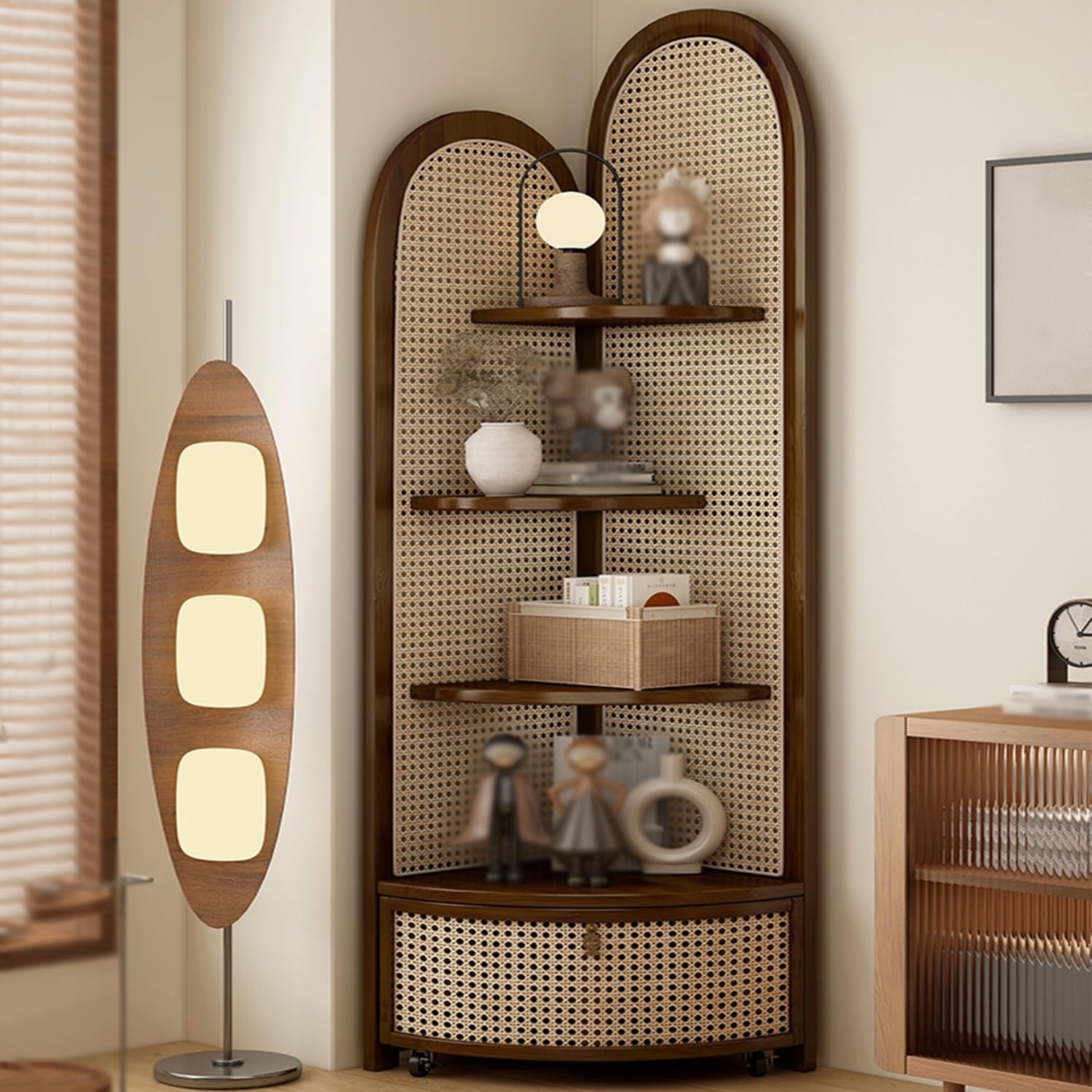 4-Tier Rattan Corner Shelf with Storage Basket, Fan-Shaped Bookcase with Wheels, Handmade Rattan Furniture for Bedroom & Living Room, Stylish Brown Corner Organizer