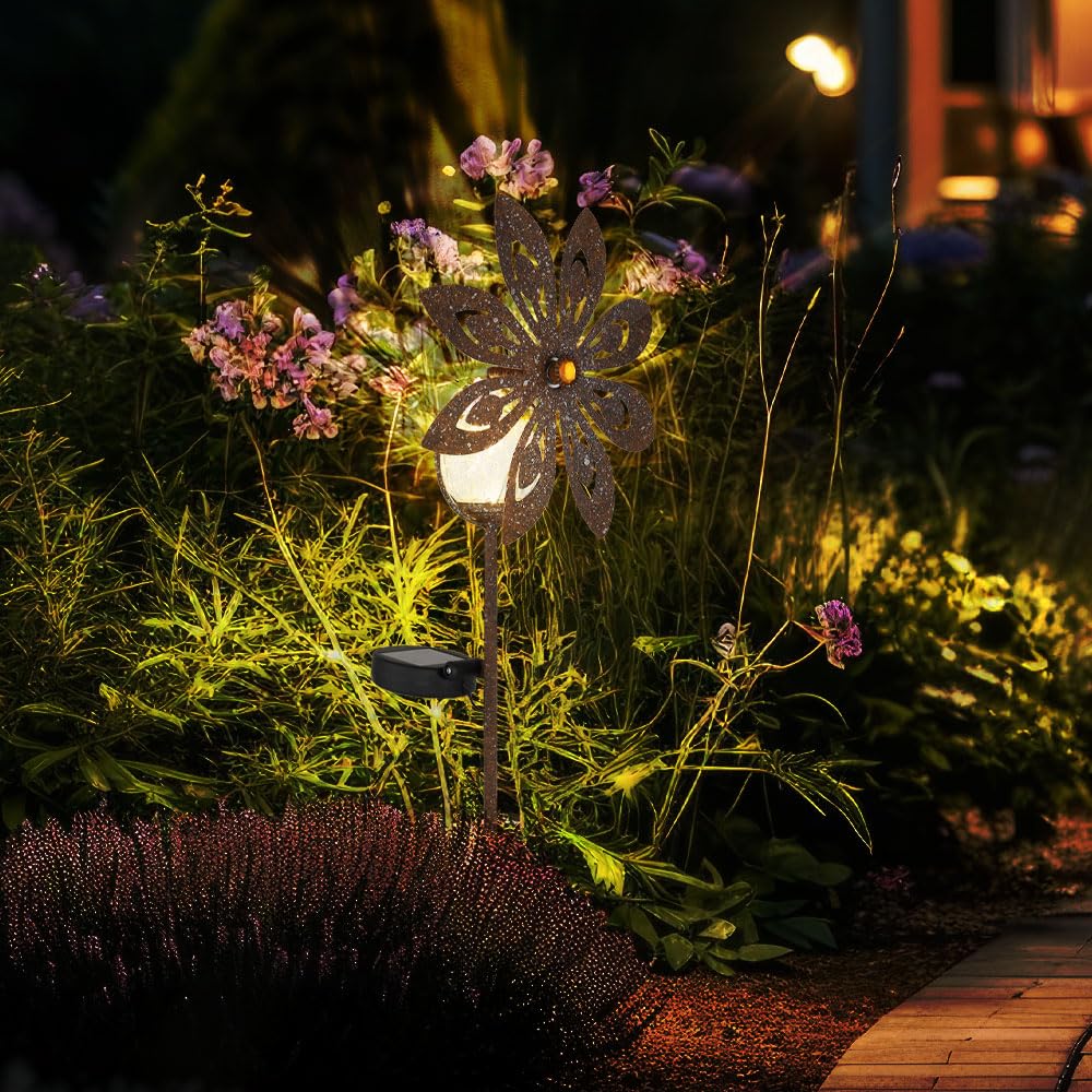 GLOBO Solarleuchte Windrad Solarlampe Erdspieß Gartendeko Solar Gartenstecker rost, Metall, LED warmweiß, 2er Set