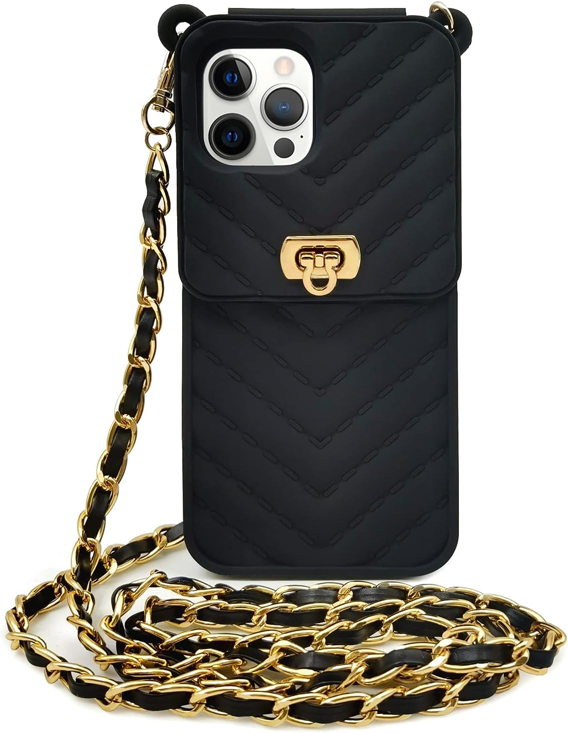 LUVI Crossbody Compatible with iPhone 13 Pro Max Wallet Case with Neck Strap Lanyard Credit Card Holder Purse Handbag for Women Girls Silicone Rubber Soft Protection Cover Black