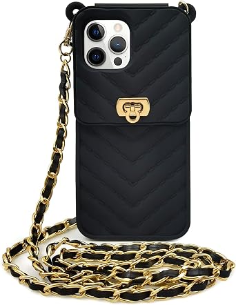 LUVI Crossbody Compatible with iPhone 13 Pro Max Wallet Case with Neck Strap Lanyard Credit Card Holder Purse Handbag for Women Girls Silicone Rubber Soft Protection Cover Black