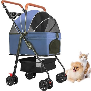 Pet Stroller for Medium Small Dogs/Cats - 4 Wheels Foldable Dog Stroller with Storage Basket,Dog/Cat Carrier,Adjustable Handle,Folding Puppy Carrier Suitable for Traveling with Cats and Dogs Blue