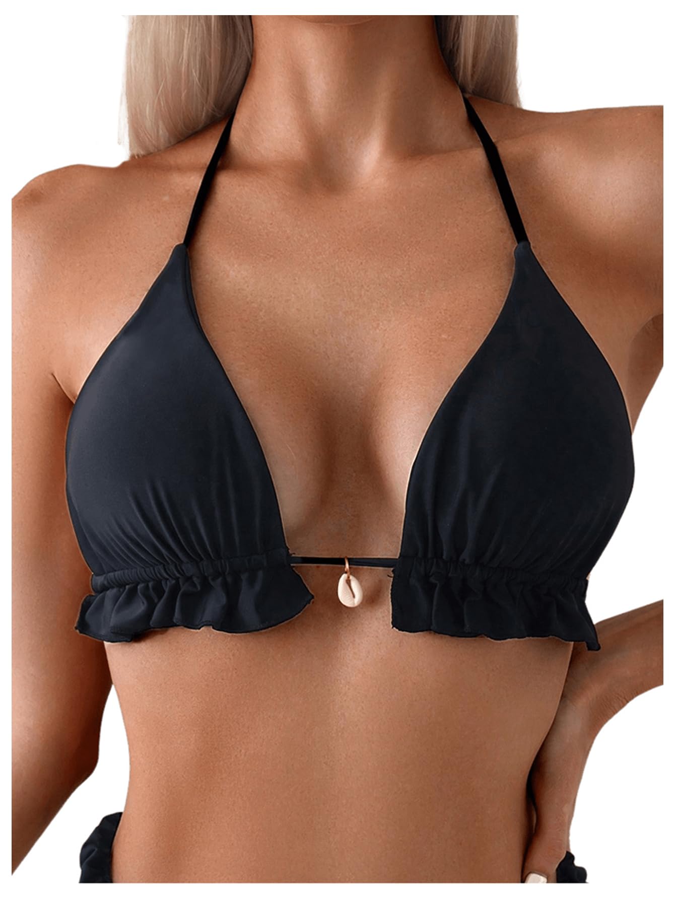 SOLY HUX Women's Halter Bikini Tops Frill Trim Triangle Bathing Suit Swimsuit Tops