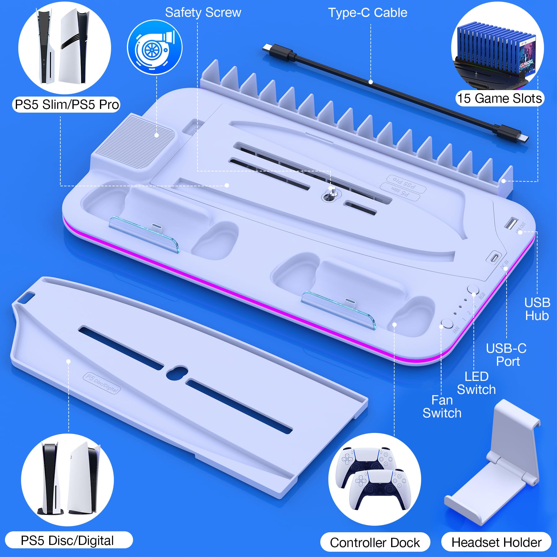 Supporto PS5, sottile supporto PS5 con stazione di raffreddamento e stazione di ricarica per console PS5 Slim Disc/Digital, accessori PS5, ventola di raffreddamento, LED RGB, supporto per cuffie, slot