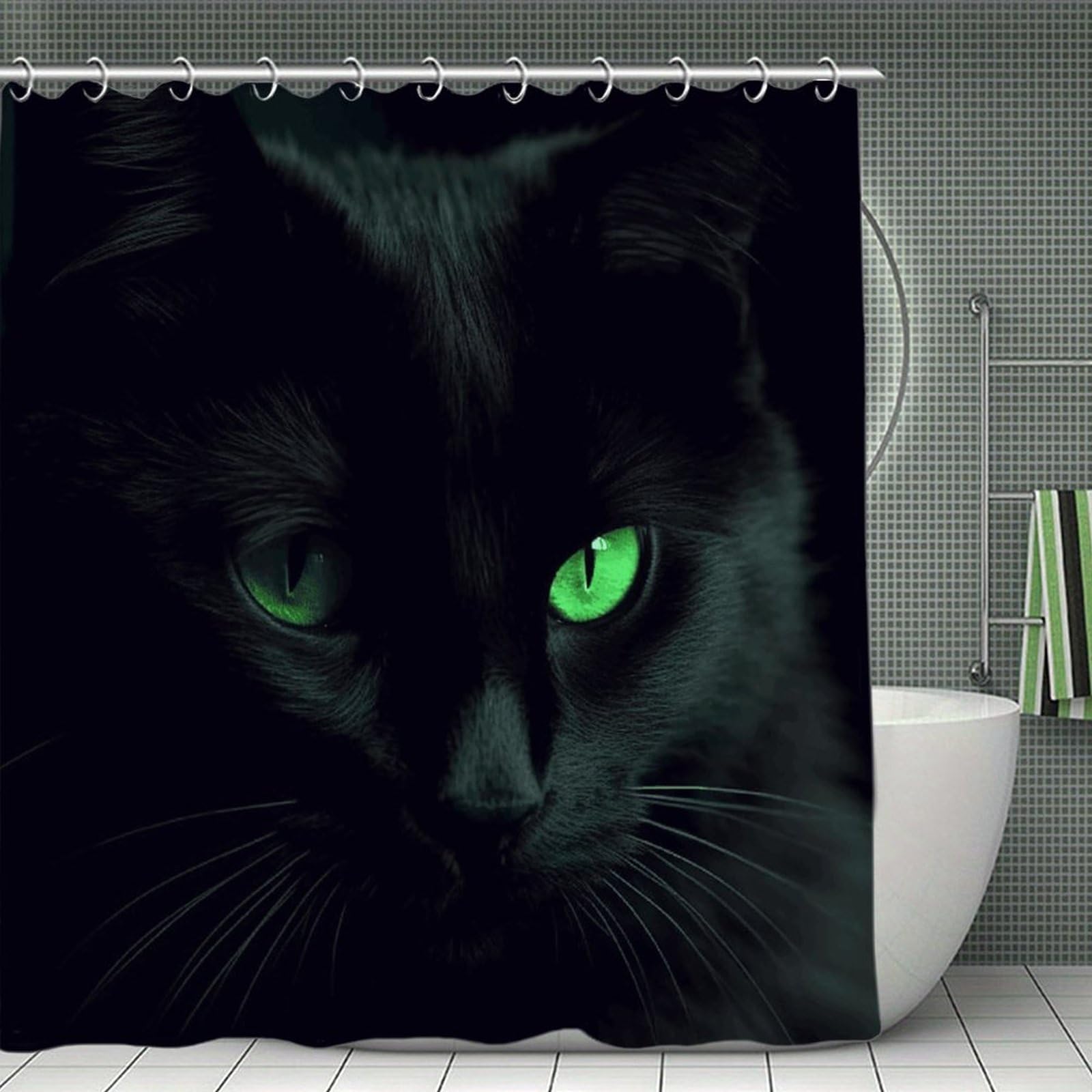 FekiLoot Black Cat Green Eyes Shower Curtain with Hooks Modern Farmhouse Bathroom Curtain Waterproof Cloth Bath Curtains Cute Washable Blackout Privacy Curtains for Bathroom Bathtub 70.8"x70.8"