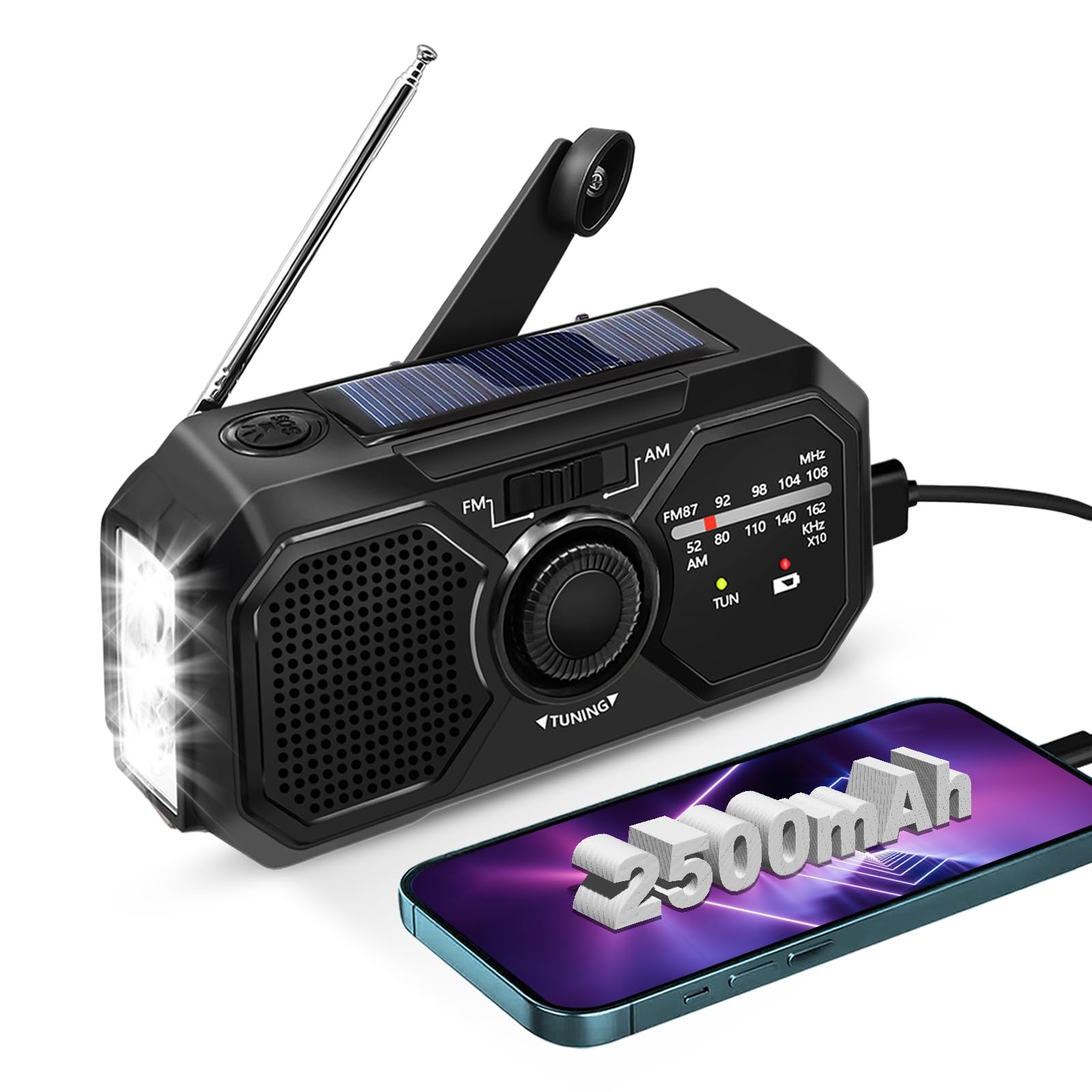Radio a Manovella Radio Energia Solare di Emergenza Radio Solare FM/AM Radiolina a Manovella Dinamo con Batteria Ricaricabile da 2500 mAh/Allarme SOS e Torci Radio Solare Piccola per Casa e All'aperto