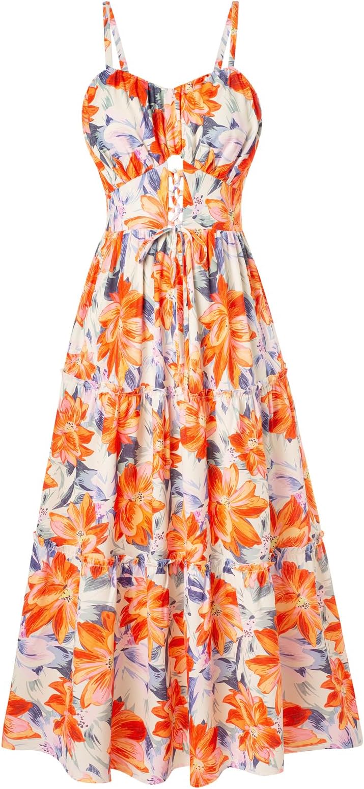 Womens Summer Floral Maxi Dresses A-Line Spaghetti Strap Beach Dresses Boho Casual