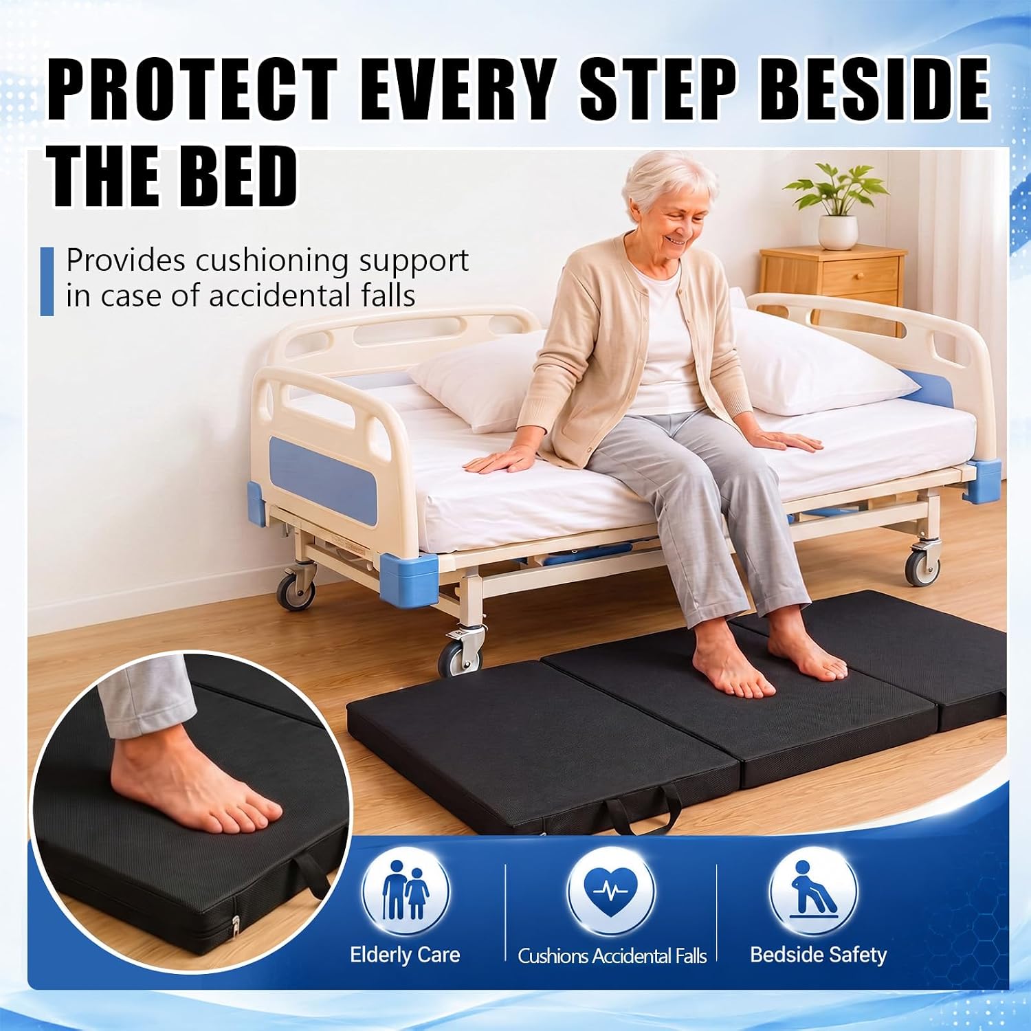Mifoci Large Foldable Fall Protection Mat for Elderly, 72 x 30 x 2 Inch Black Waterproof Bedside Floor Pad Non Slip Safety Cushion High Resilience Foam for Seniors Handicap Hospital Patient Safety