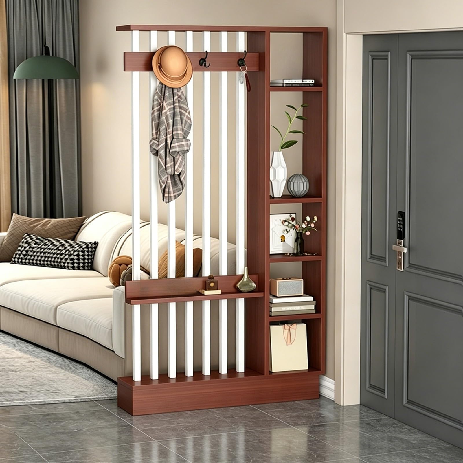 Wall Room Divider, Freestanding Slat Partition with Coat Rack & Shelves, Modern Privacy Screen for Entryway, Living Room and Hallway(Teak+White,100cm/39.4in)