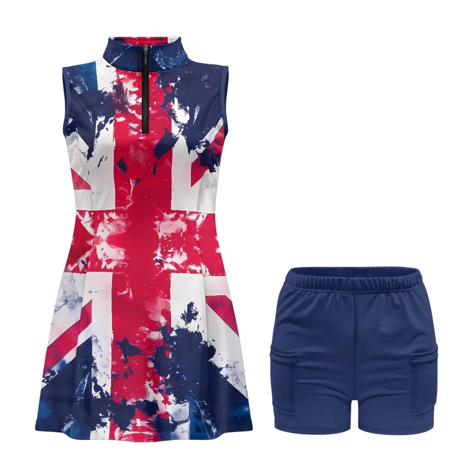 Vestido de tenis para mujer con pantalones cortos, cuello en V, sin mangas, vestido de golf, casual, entrenamiento, ejercicio, deportes, traje de verano, Bandera británica del Reino Unido, S