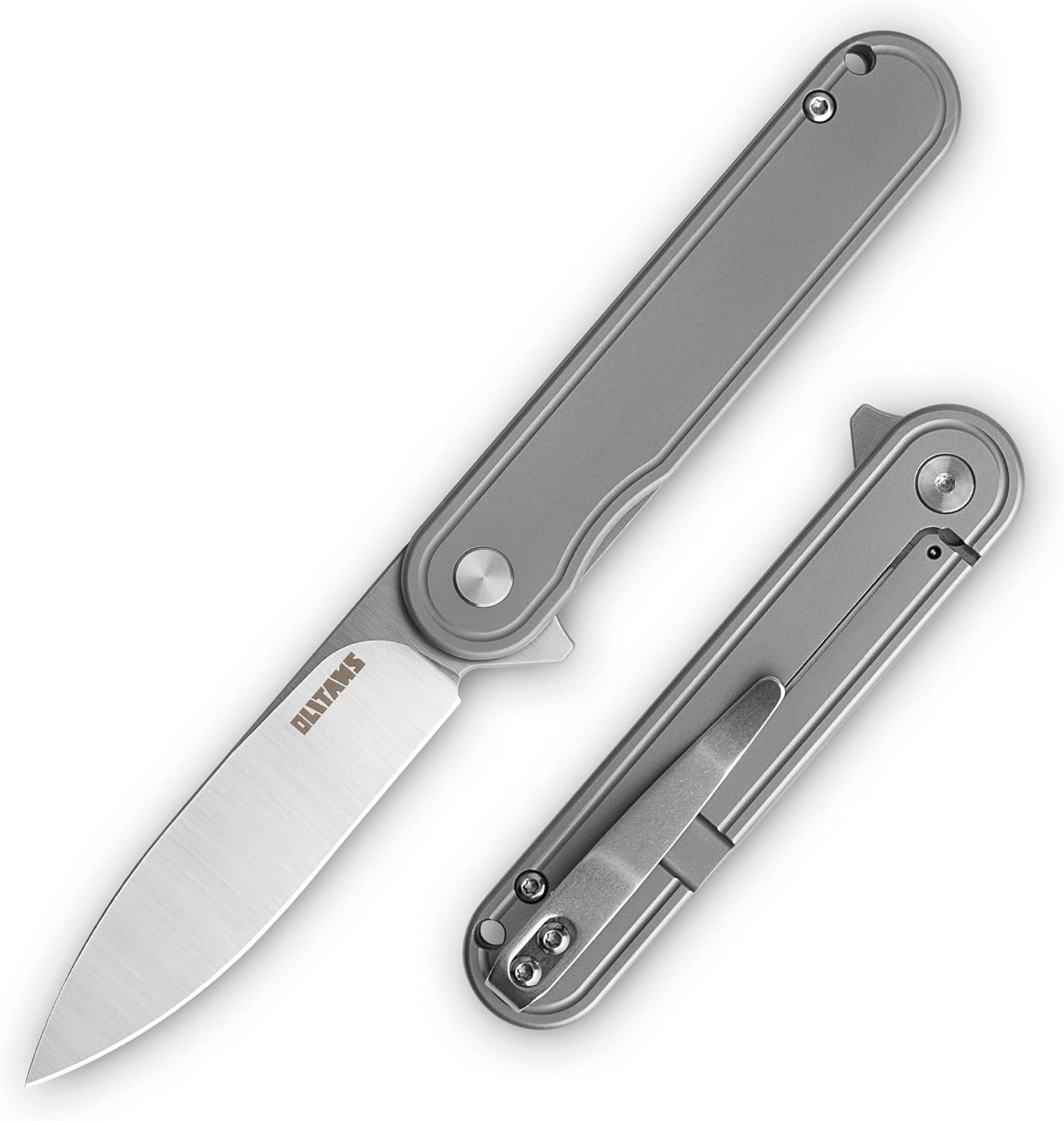OLITANS T025 Pocket Knife 2.76'' D2 Steel Blade 3.6'' Titanium Alloy Handle Flipper Mini Folding knife 1.8oz（Grey）