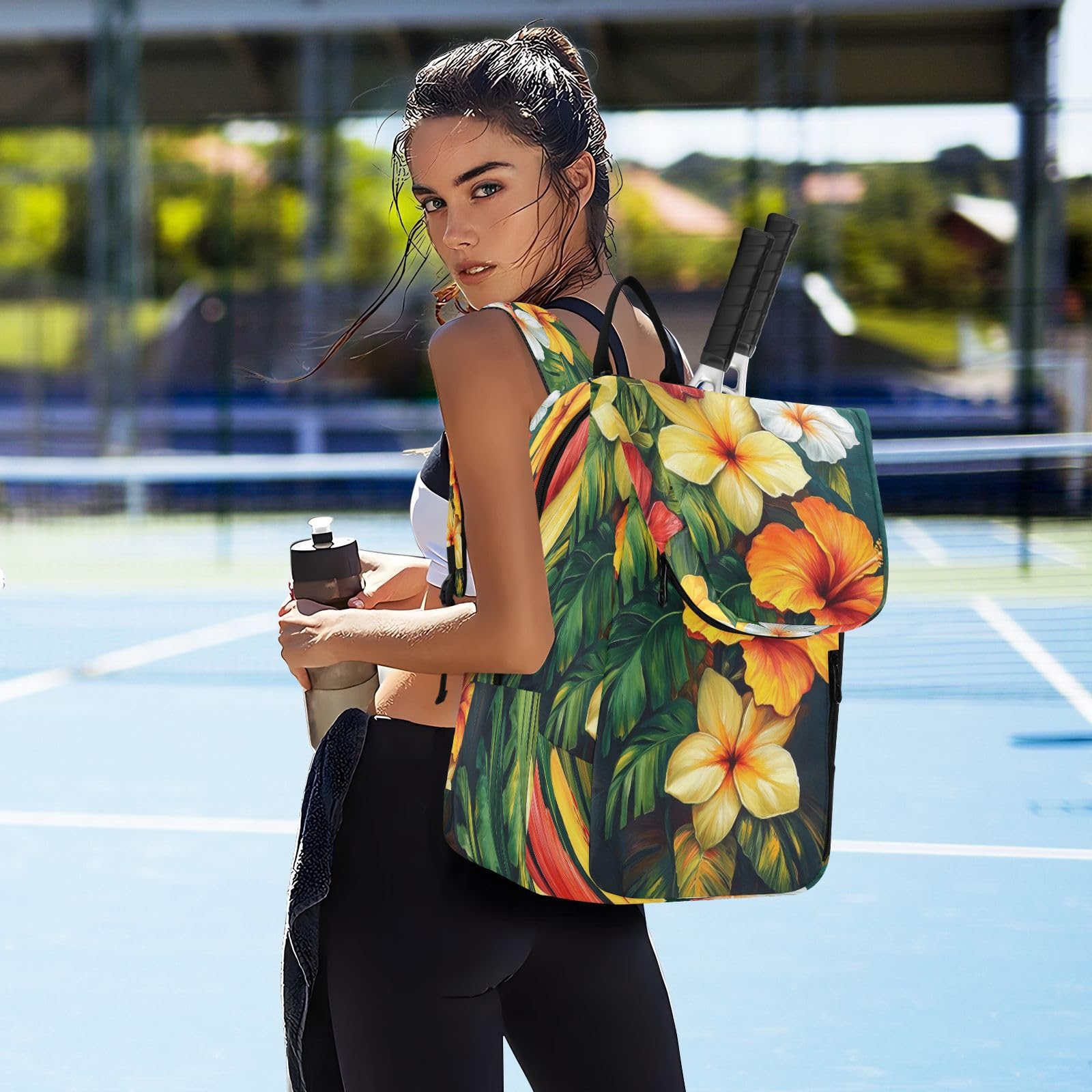 DUOBU Tennis Bag Tropical Flowers Large Waterproof Pickleball Bag for Men and Women Crossbody Backpack for Tennis Badminton Pickleball Racketball