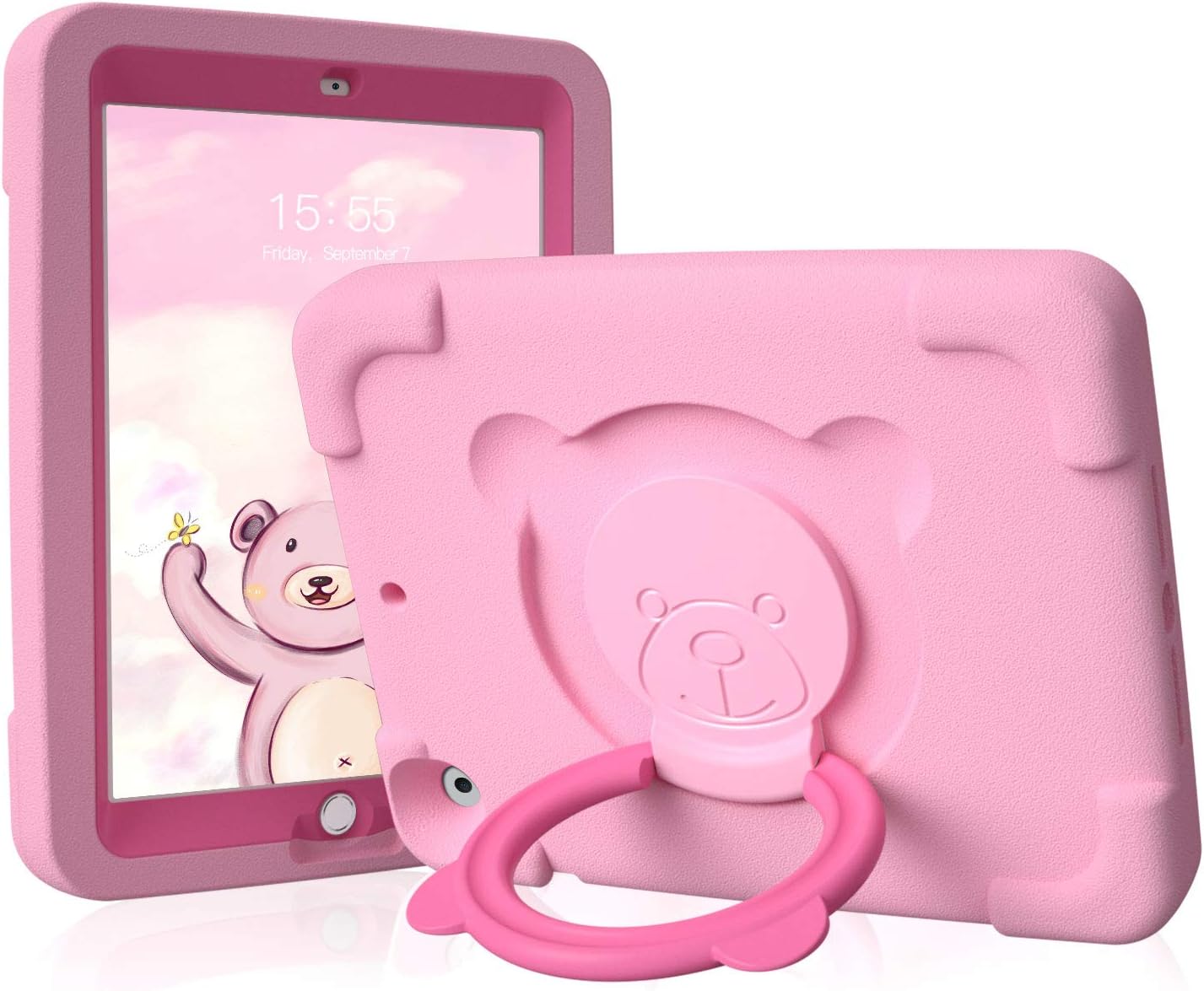 pzoziPad Kids Case Compatible for Apple iPad Air 1/2 / 6th Generation 2018 / 5th Gen 2017 9.7 inch, EVA Shockproof Rotate Handle Folding Stand Heavy Duty Protective Cute Cover for Boys Girls (Pink)