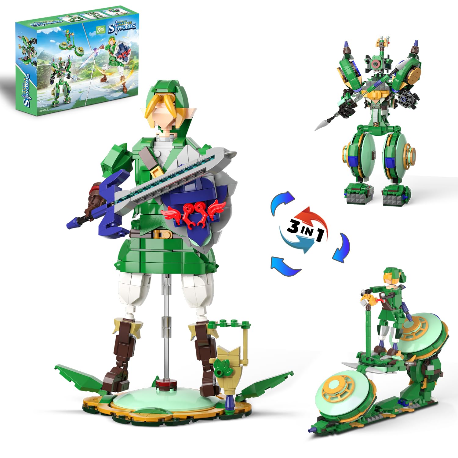 3 in 1 BOTW Building Set, Transforms to 3 Different Figures- from Link Holding Master Sword, to Battle Robot, to Glider Bike, Compatible with Lego (850PCS)