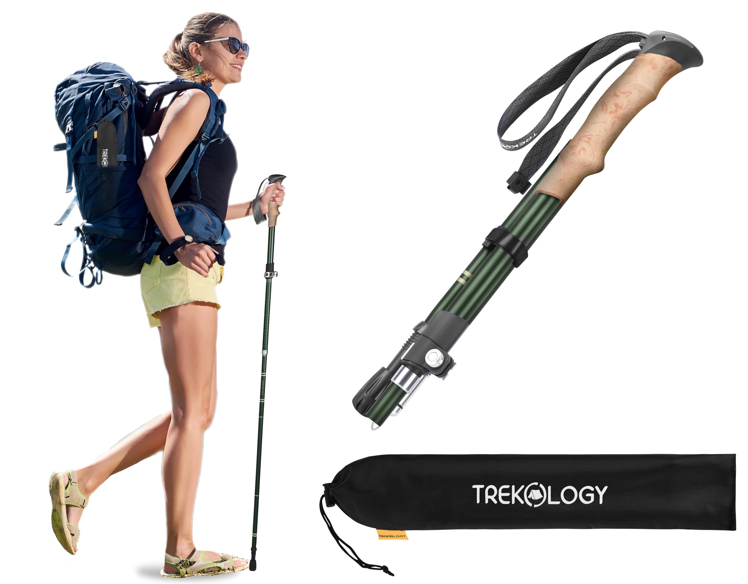 TREKOLOGY Adjustable Trekking Pole - Lightweight Collapsible Walking & Hiking Stick for Women, Men, Seniors - Aluminum with EVA Foam Grip - Support Steep Inclines, Terrain, Stability - 1 PC TREKZ SE