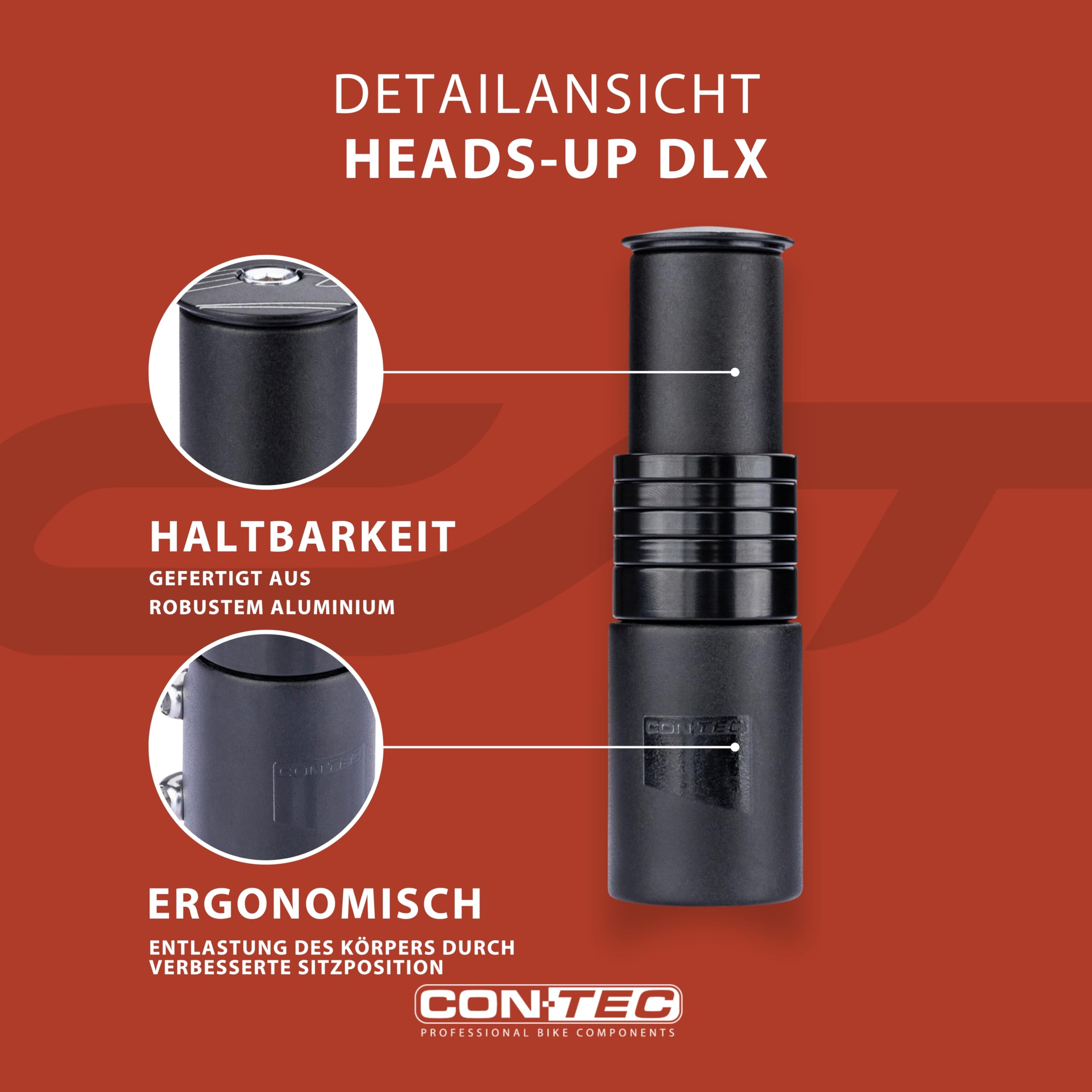CONTEC Fahrrad-Gabelschaftverlängerung Heads-Up DLX, Lenkererhöhung für 1 1/8" Ahead-Gabel, 5 Spacer, Aluminium, 67 mm höhenverstellbar, robust
