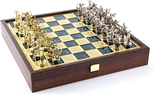 Manopoulos Hercules Chess Set - Latón y Níquel - Caja de madera Verde-Latón Tablero
