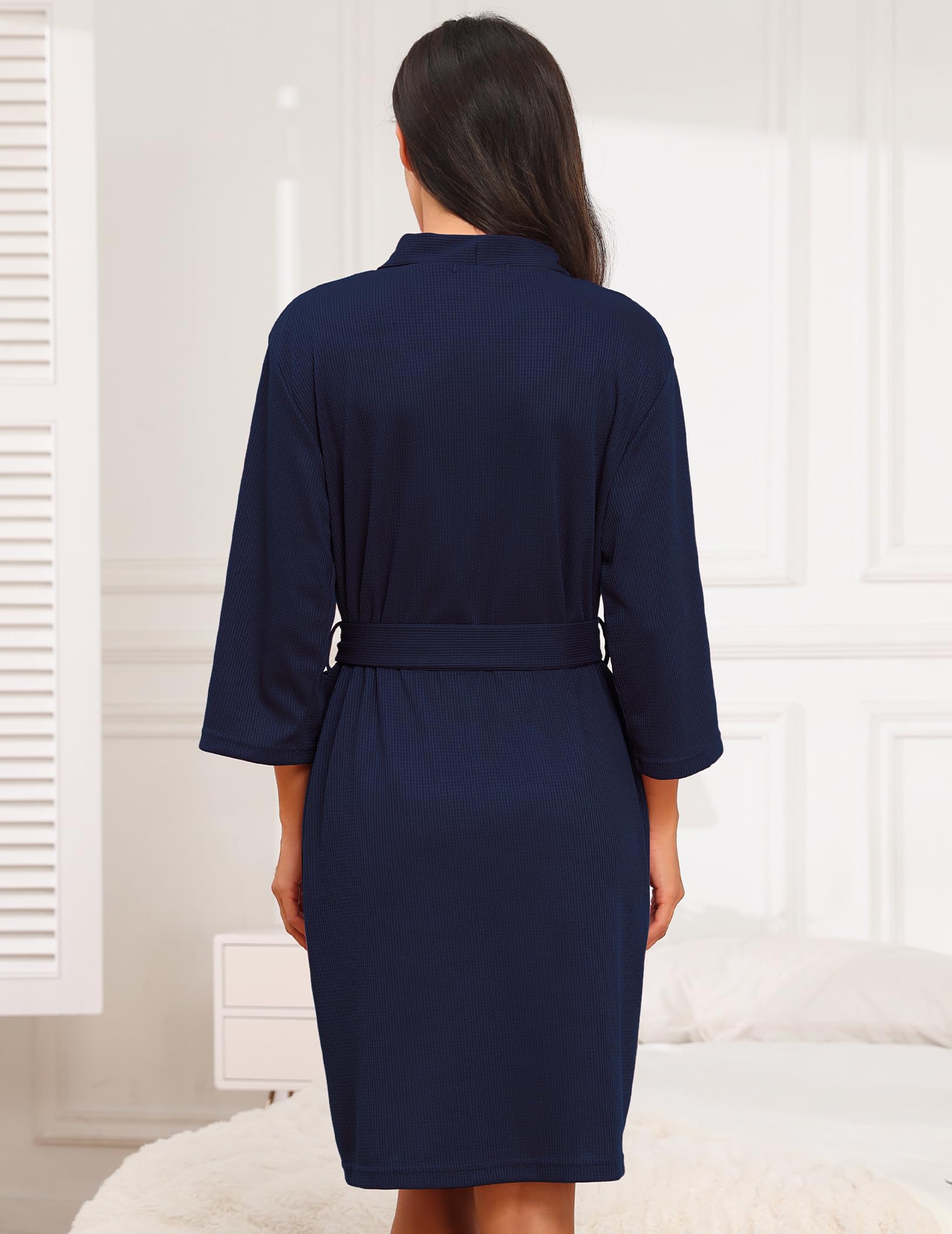 Lovasy Albornoces De Casa Mujer Manga 3/4 Kimono Waffle Albornoz para Mujer Nido Abeja Respirable Ropa De Dormir Con Cinturón Y Bolsillos