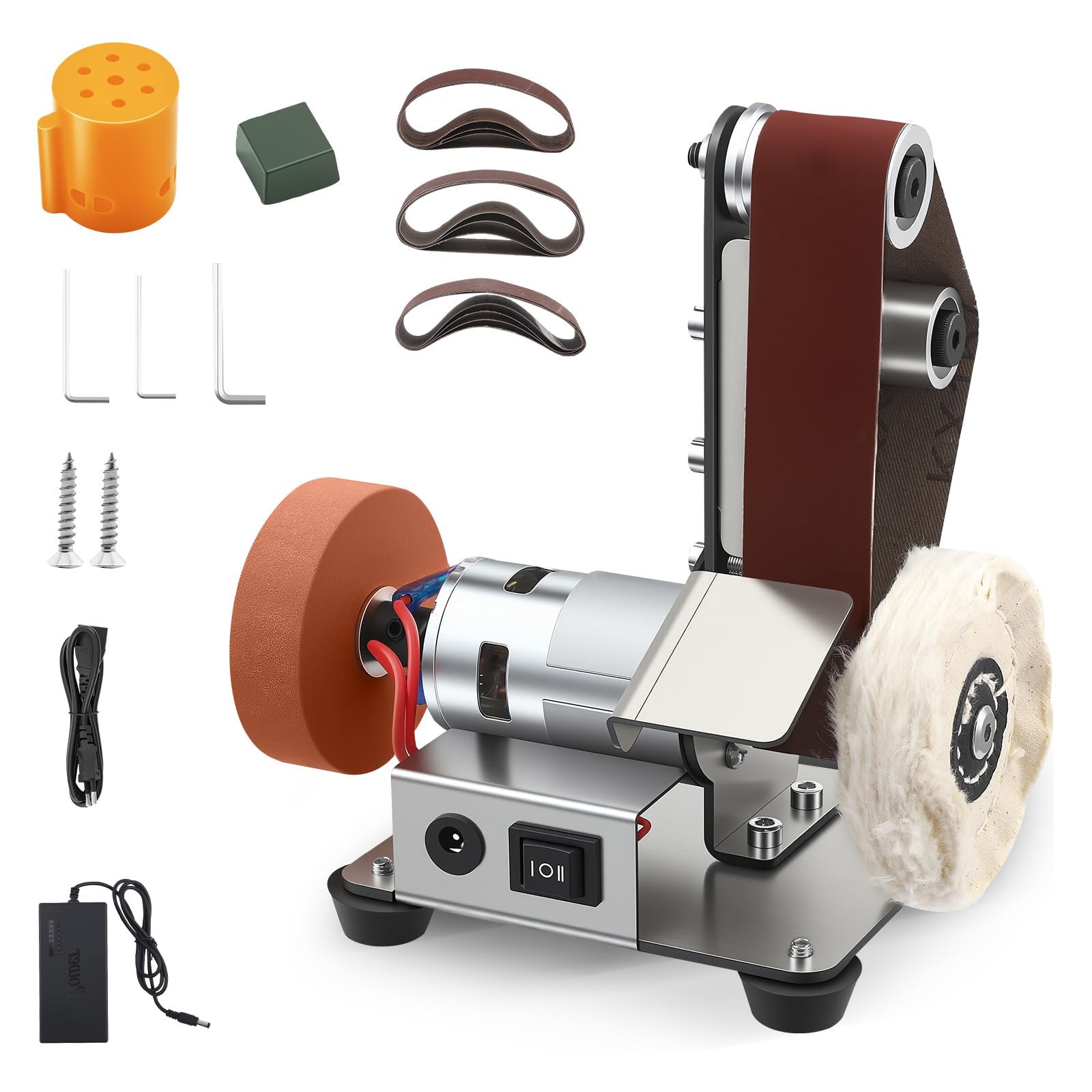 Delousiber 3-in-1 Electric Bench Sander, Mini Belt Sander & Bench Grinder, 7-Speed Adjustable Vertical Sanding Machine Polisher for DIY Woodworking, Metalworking, Jewelry Making