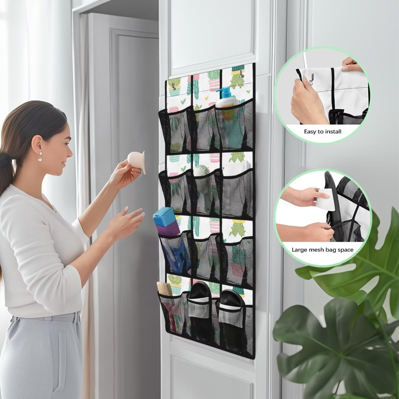 YUVAMAGIMO Cactus Behind the Door Storage Organizer with 12 Mesh Pockets Hanging Shoe Organizer for College Dorm Room Easy to Install Closet Door Holder Hanger Storage Bag Rack for Shoe