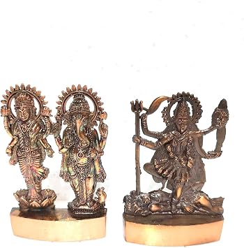 2 Piece Ganesh Laxmi | Ganesh Golden Brass Statue Antique Finish Murti Idol for Metal Shri Kali Maa Murti/Shri Ambe Maa Brass Idol