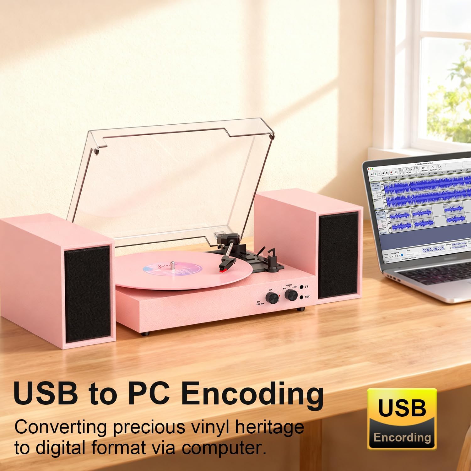 Record Player Bluetooth Turntable with Dual External Speakers | 3-Speed Vinyl Record Player | Vinyl to MP3 PC Recording & RCA/AUX Output | Pink