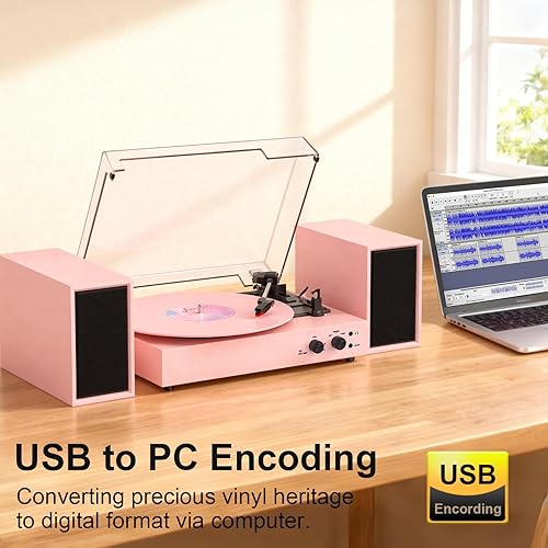 Miniatura 6 de Reproductor de discos de vinilo con Bluetooth y altavoces estéreo externos, tocadiscos de 3 velocidades accionados por correa con grabación USB a