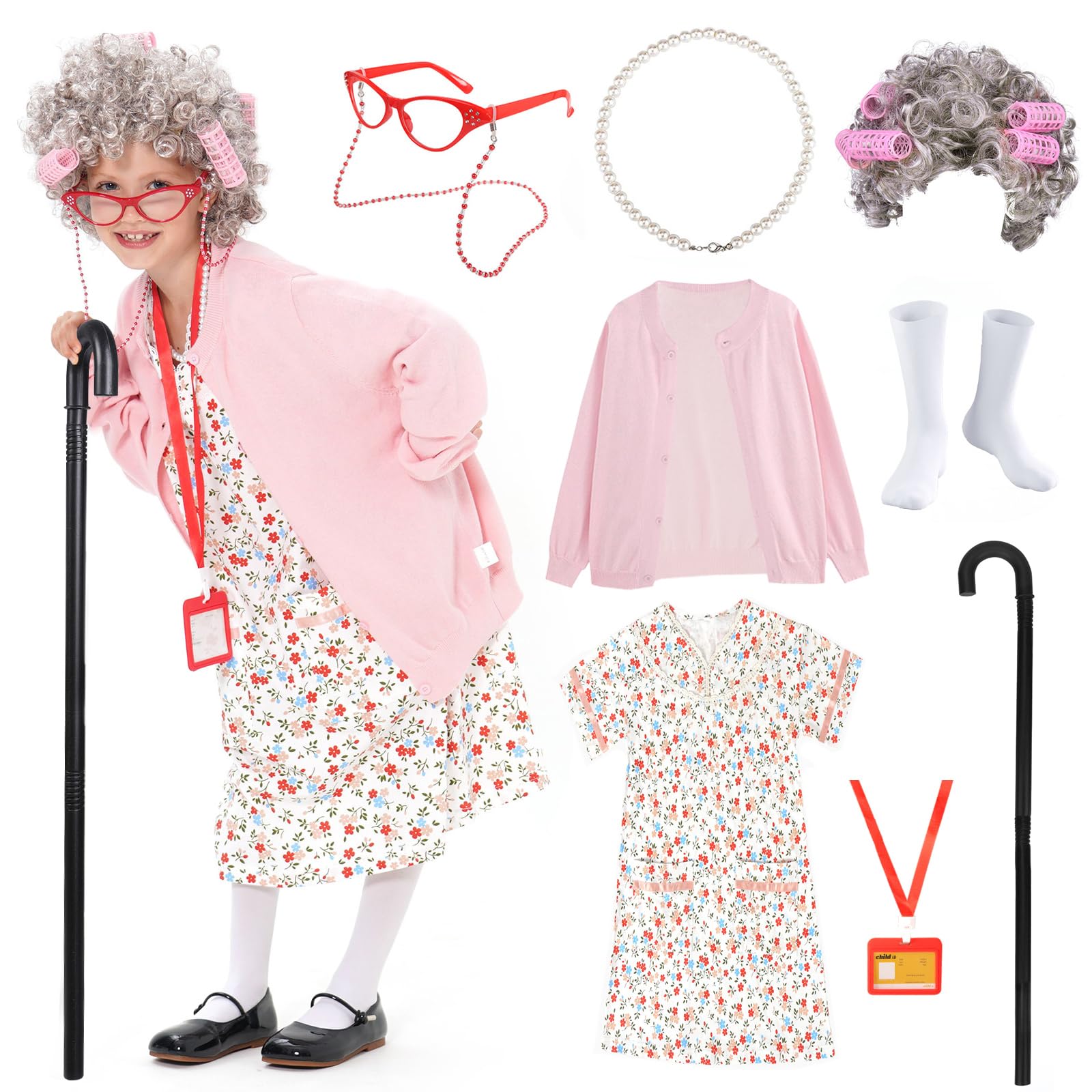 FAYBOX 9 pcs Old Lady Costume for Kids,100 Days of School Costume Old Lady Wig for Girls, Granny Grandma Dress Up