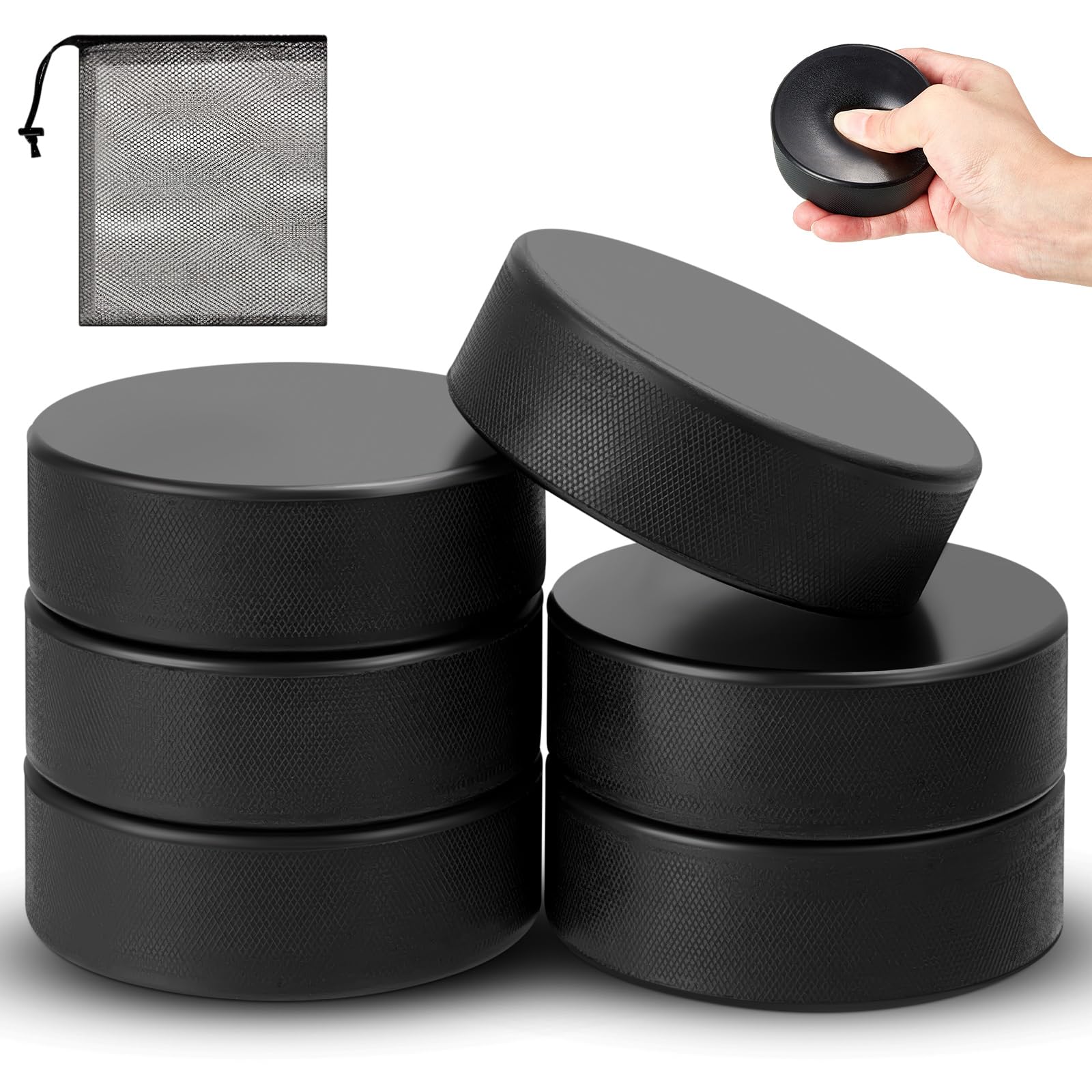Liliful 6 Pcs Sport Foam Ice Hockey Pucks 3 in for Practicing and Classic Training with Mesh Bag Indoor Use Lightweight Hockey Supplies for Adult, Safe Official Regulation Size (Black)
